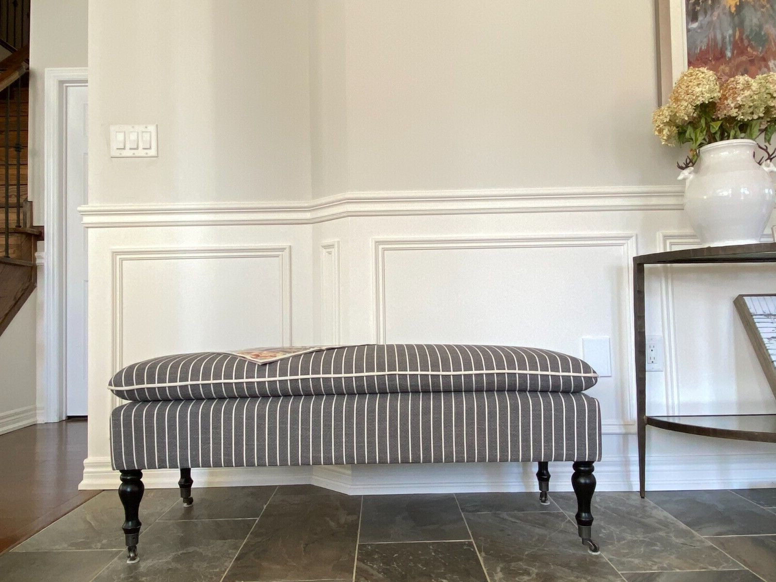 SEAT4U Linen Stripe Upholstered Rossini Ottoman Bench-BLACK