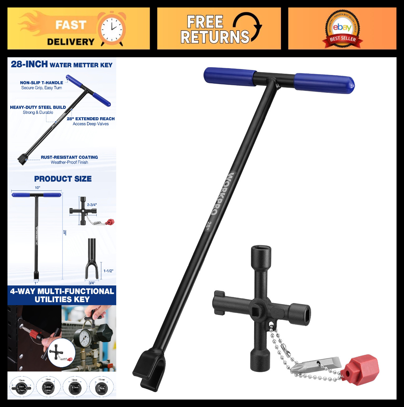 28" Heavy Duty Water Meter Key & 4-Way Utility Tool, Non-Slip T-Handle, Extended