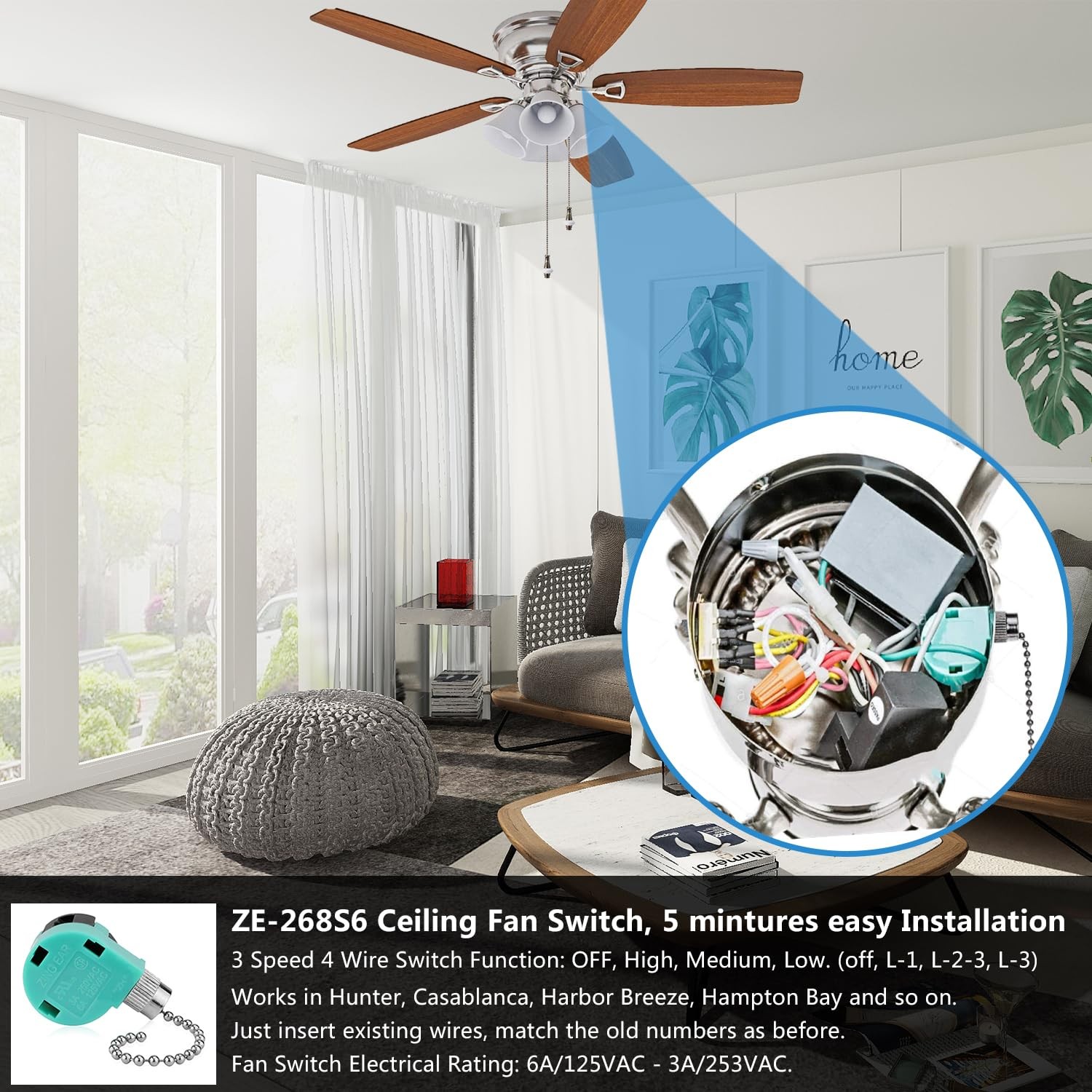 Ceiling Fan Switch, 4 Wire Zing Ear ZE-268S6 Pull ZE-268s6 Nickel, Nickel