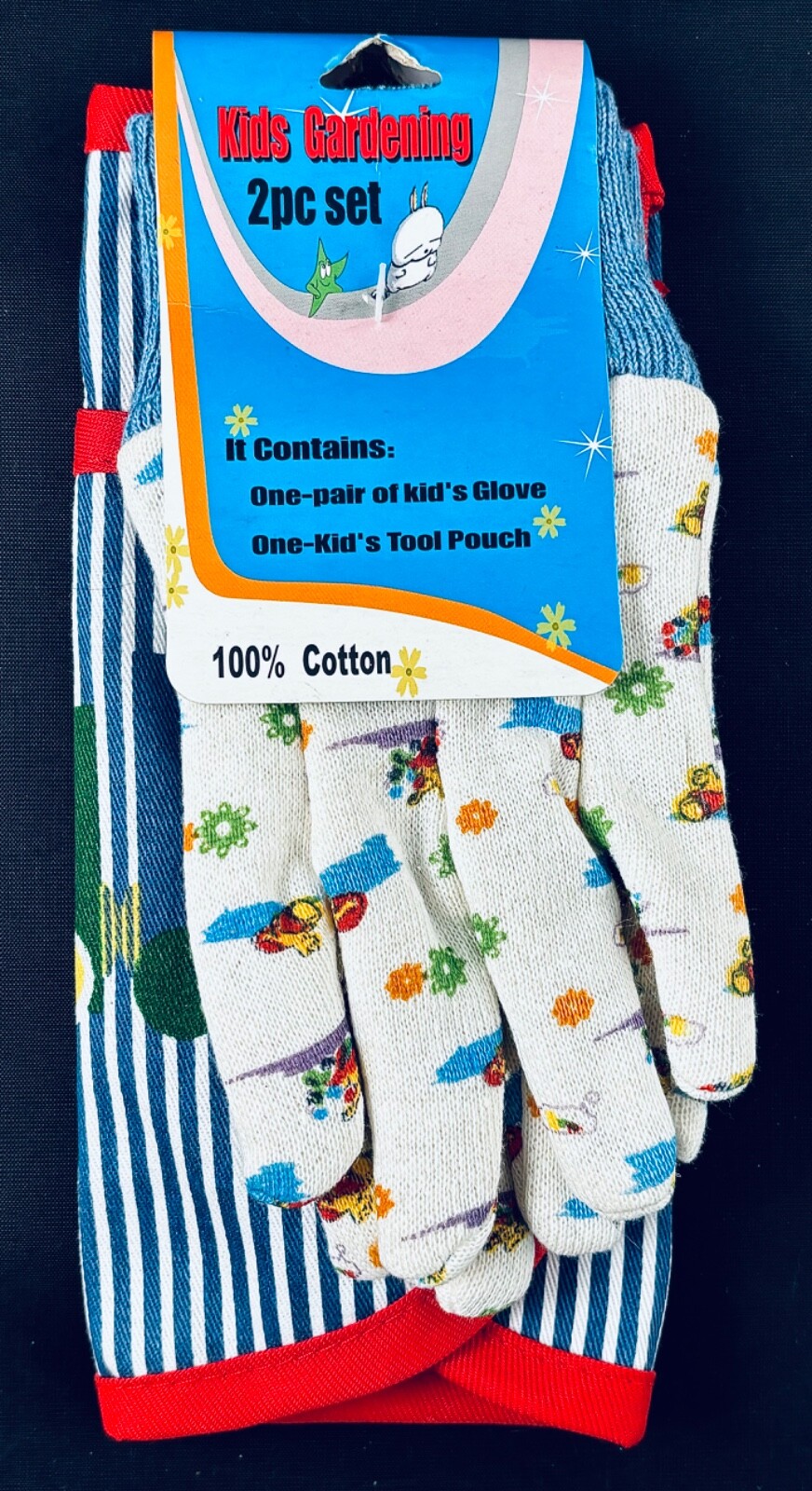 2 PC SET KIDS GARDENING KNIT GLOVES & CANVAS TOOL POUCH/APRON W/ 2 POCKETS NEW