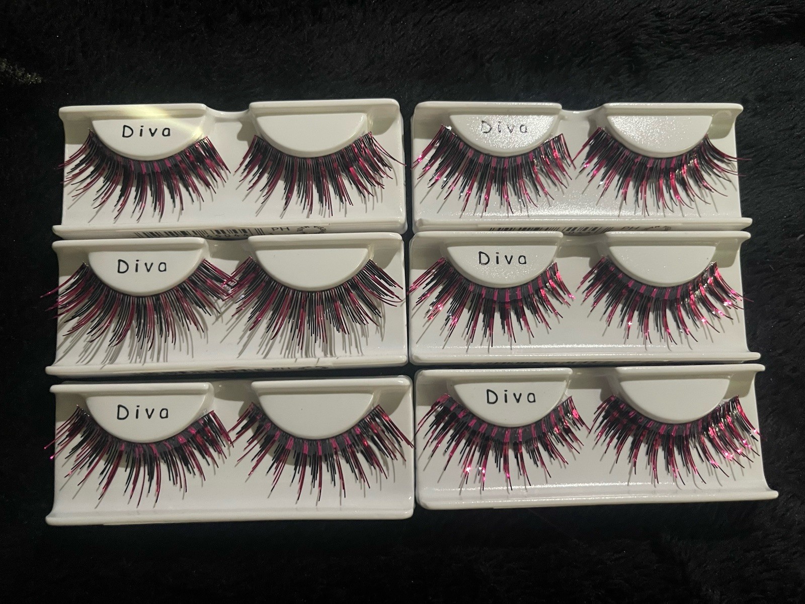 Diva Strip False Eyelashes Black/Pink Glitter Full Volume Long Lashes 6pcs