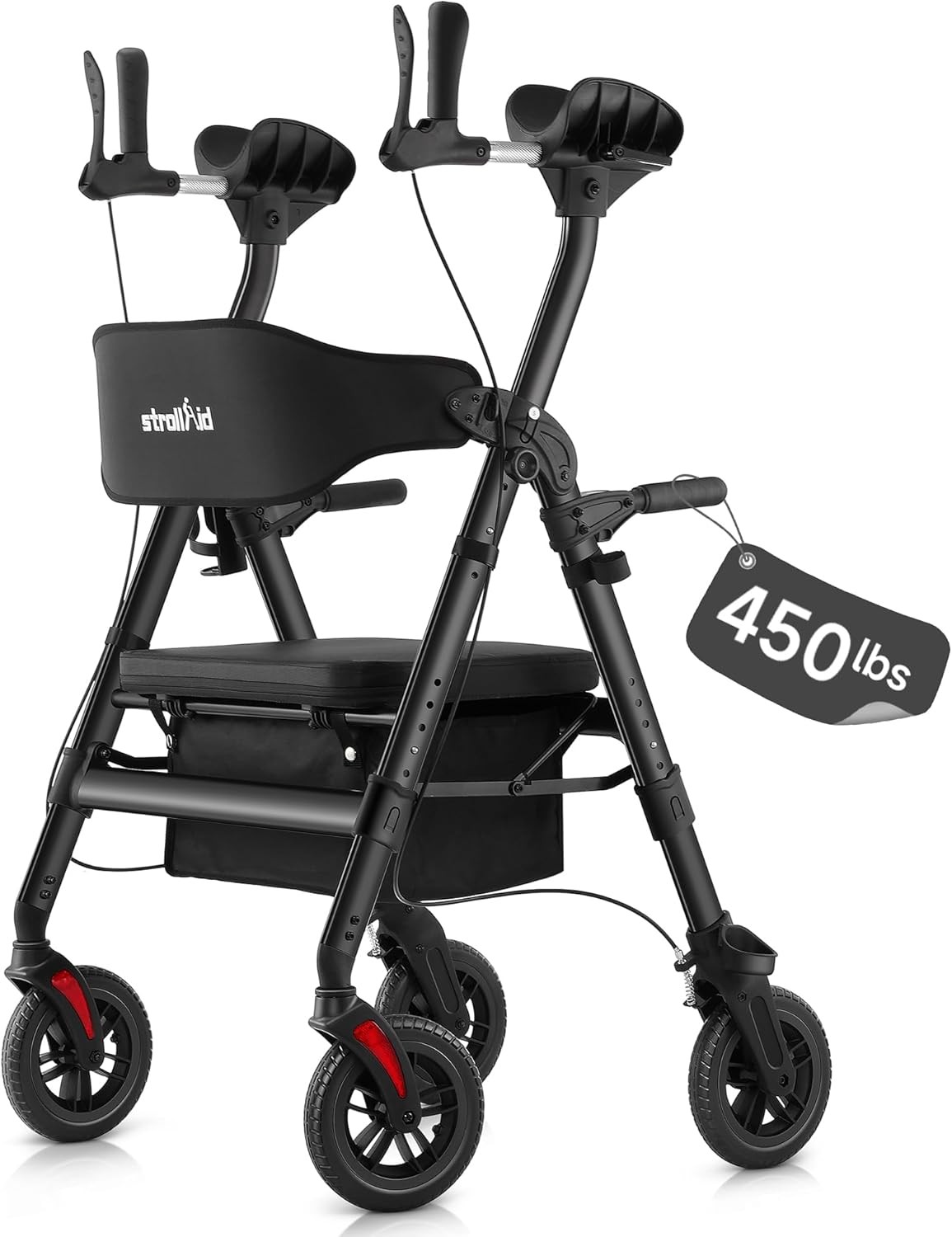 StrollAid Walkers for Seniors, Upright Walker w/ Adjustable Armrests&Seat, 450lb