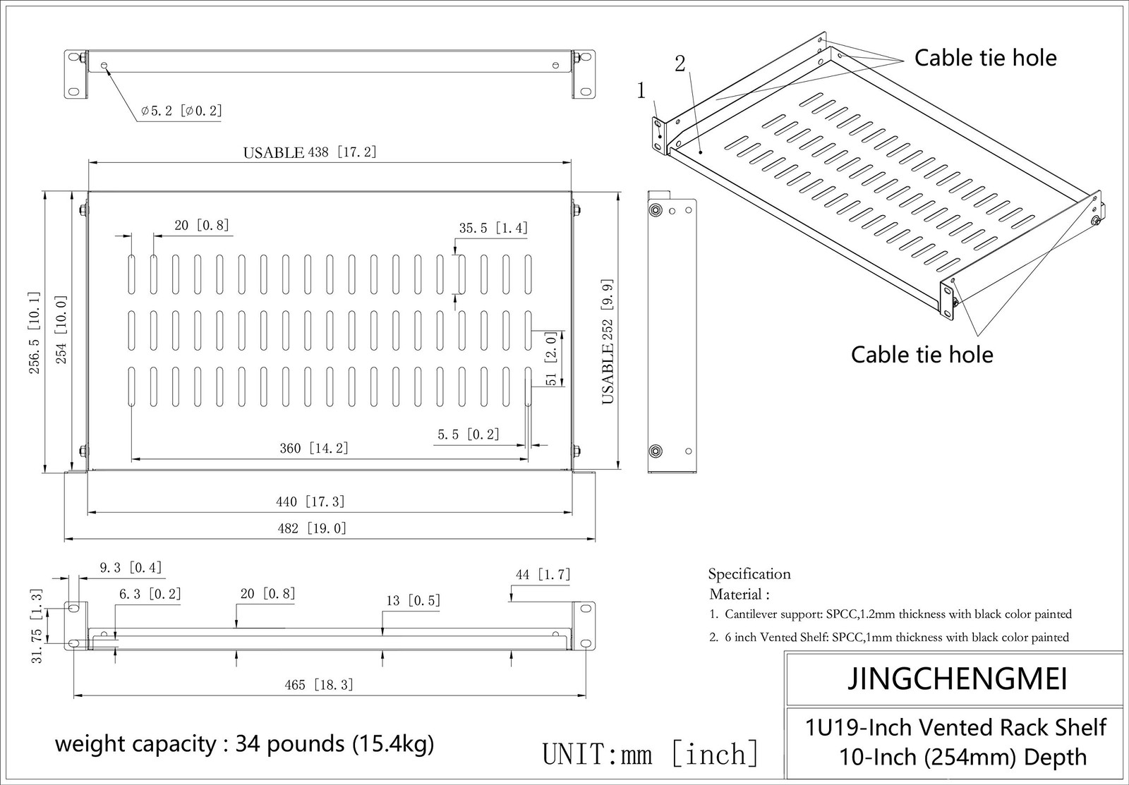 Jingchengmei 1U Vented Cantilever Server Rack Mount Shelf 10" Depth