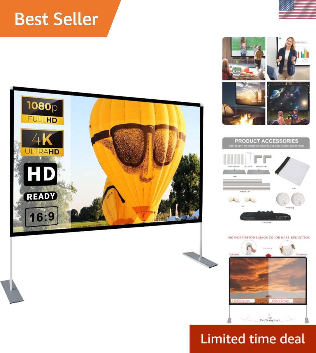Portable 16:9 Fast-Fold Projector Screen - Perfect for Home & Outdoor Events
