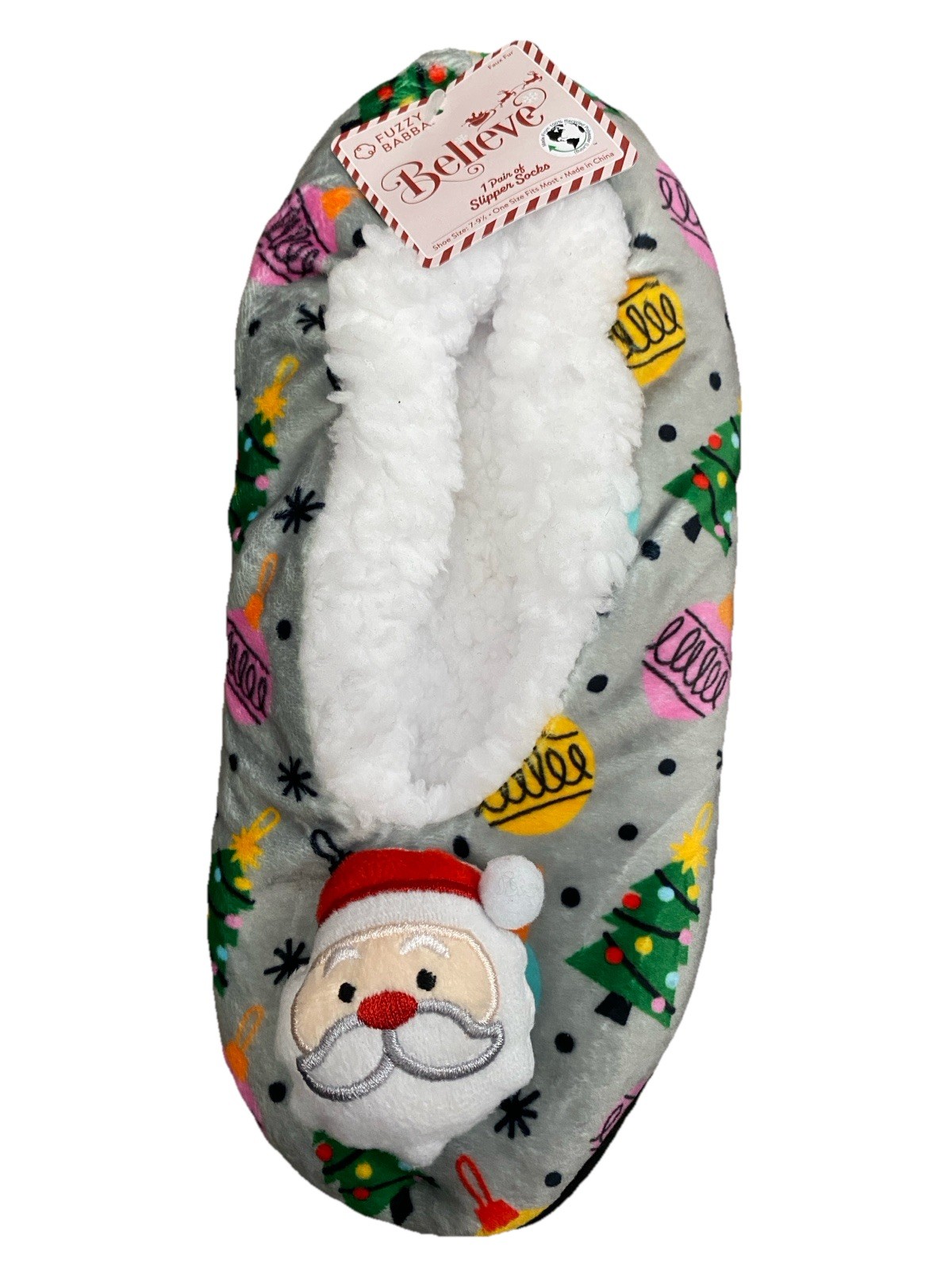 Santa Slippers Christmas Fuzzy Babba Woman's 7-9.5 Sherpa Fleece Lined Grip Sole