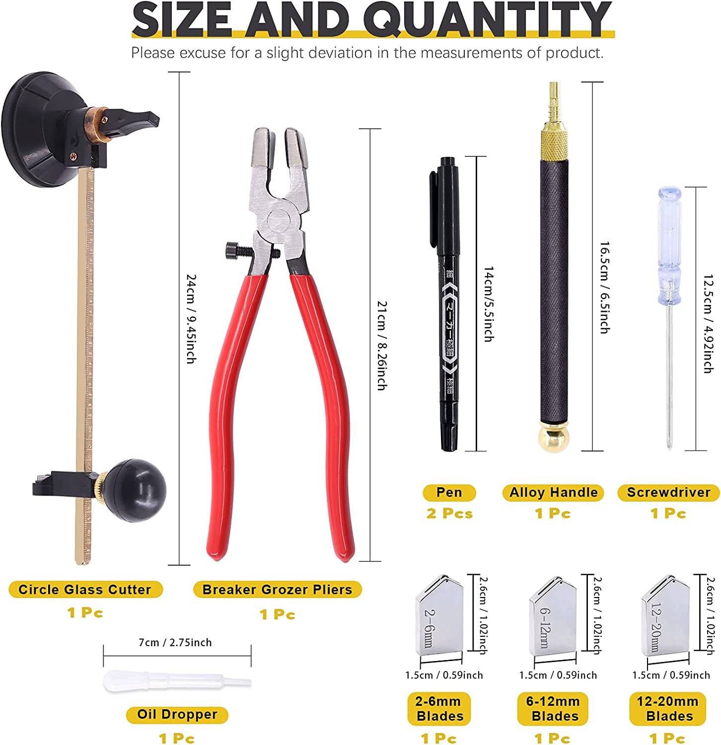 9 Pcs Glass Cutting Tool Set Kit Includes Adjustable Circular Glass Cutter, Glas