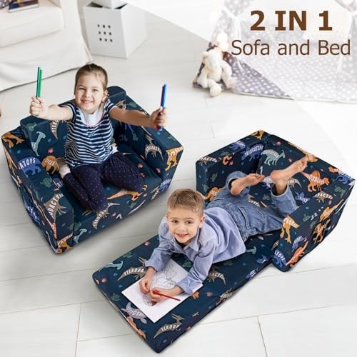 2-in-1 Kids Fold Out Couch & Lounger, Soft Toddler Sofa for Boys & Girls, Dinosa