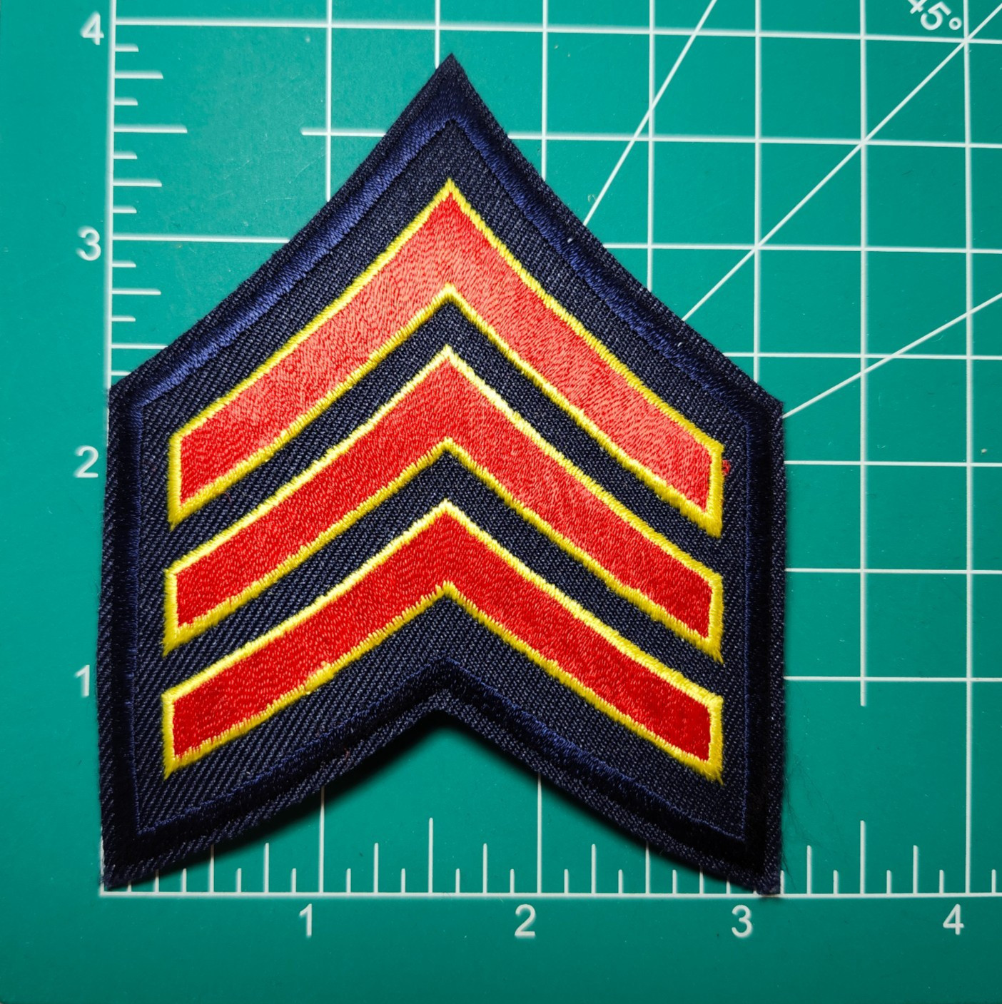 (2) Sergeant Chevron - 3 Yellow / Red Stripes on Navy Twill Patch - 3 1/8" Wide