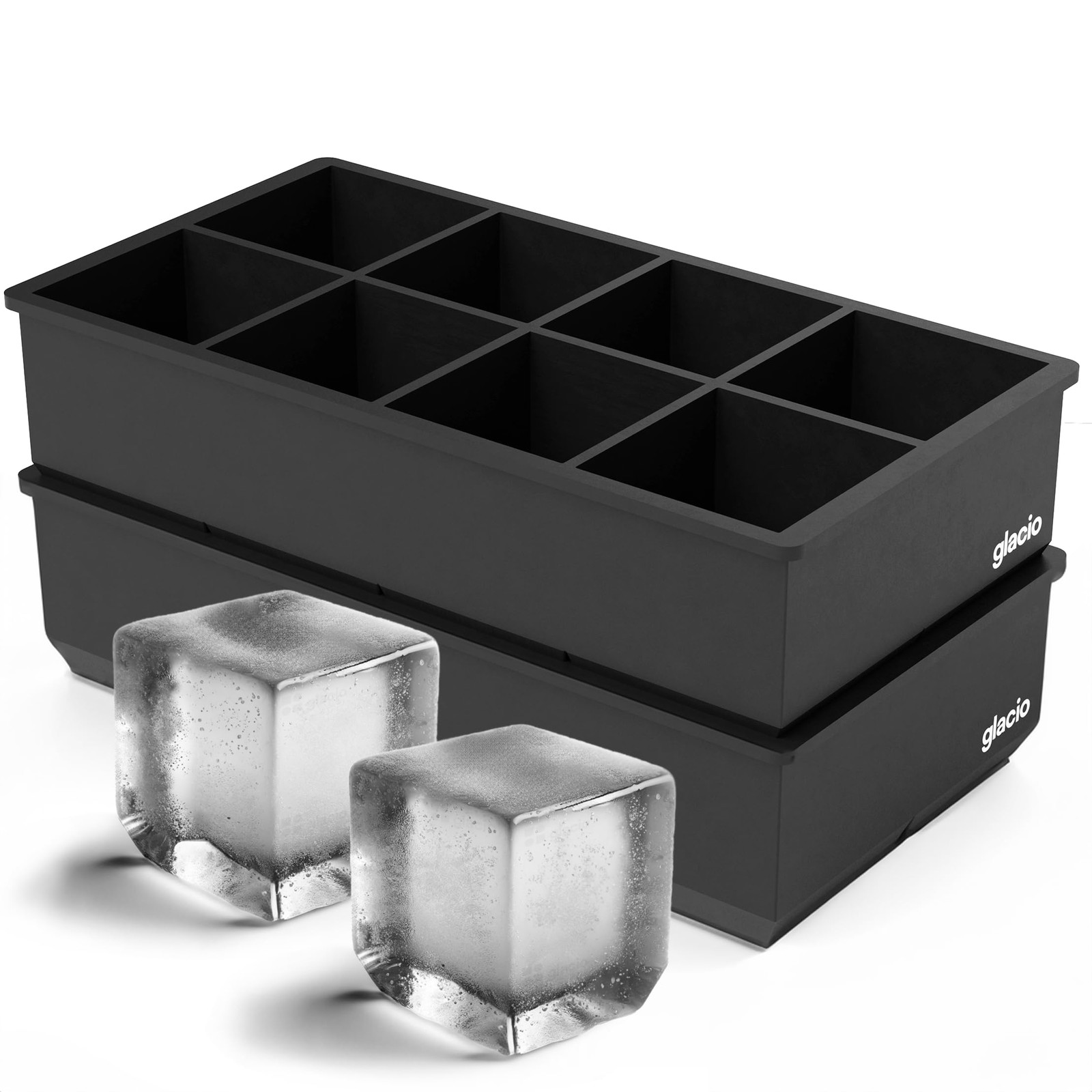 Ice Cube Molds – 2-Pack Silicone Trays for 8 Large Square Cubes – Slow-Melt I...
