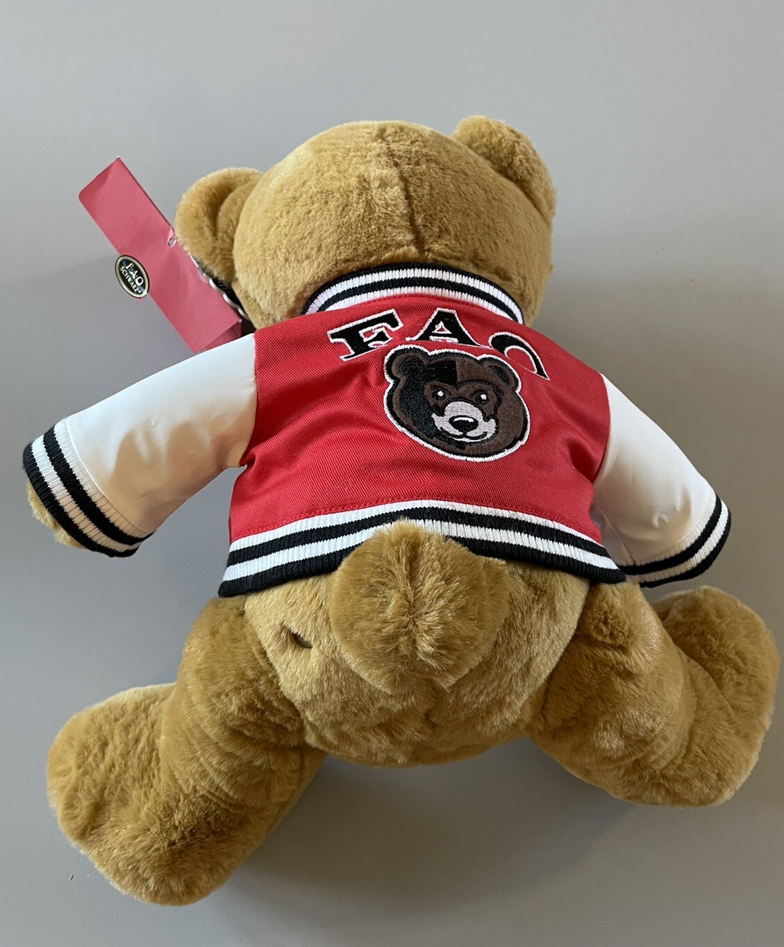 FAO Schwarz Honey Brown Teddy Bear Lettermans Jacket 12" Plush Stuffed Animal