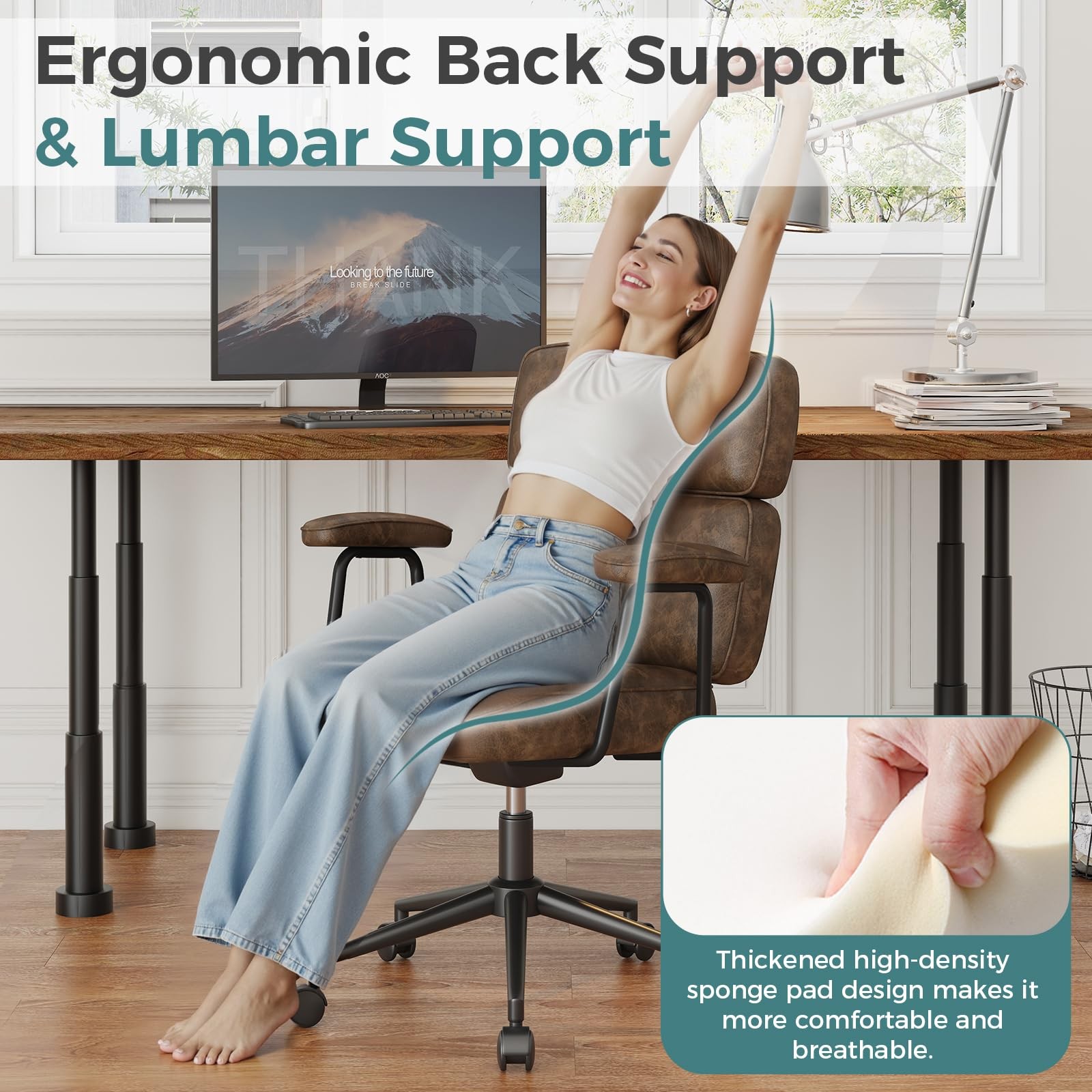 Ergonomic Home Office Desk Chair, PU Leather Computer Chair with Lumbar Suppo...