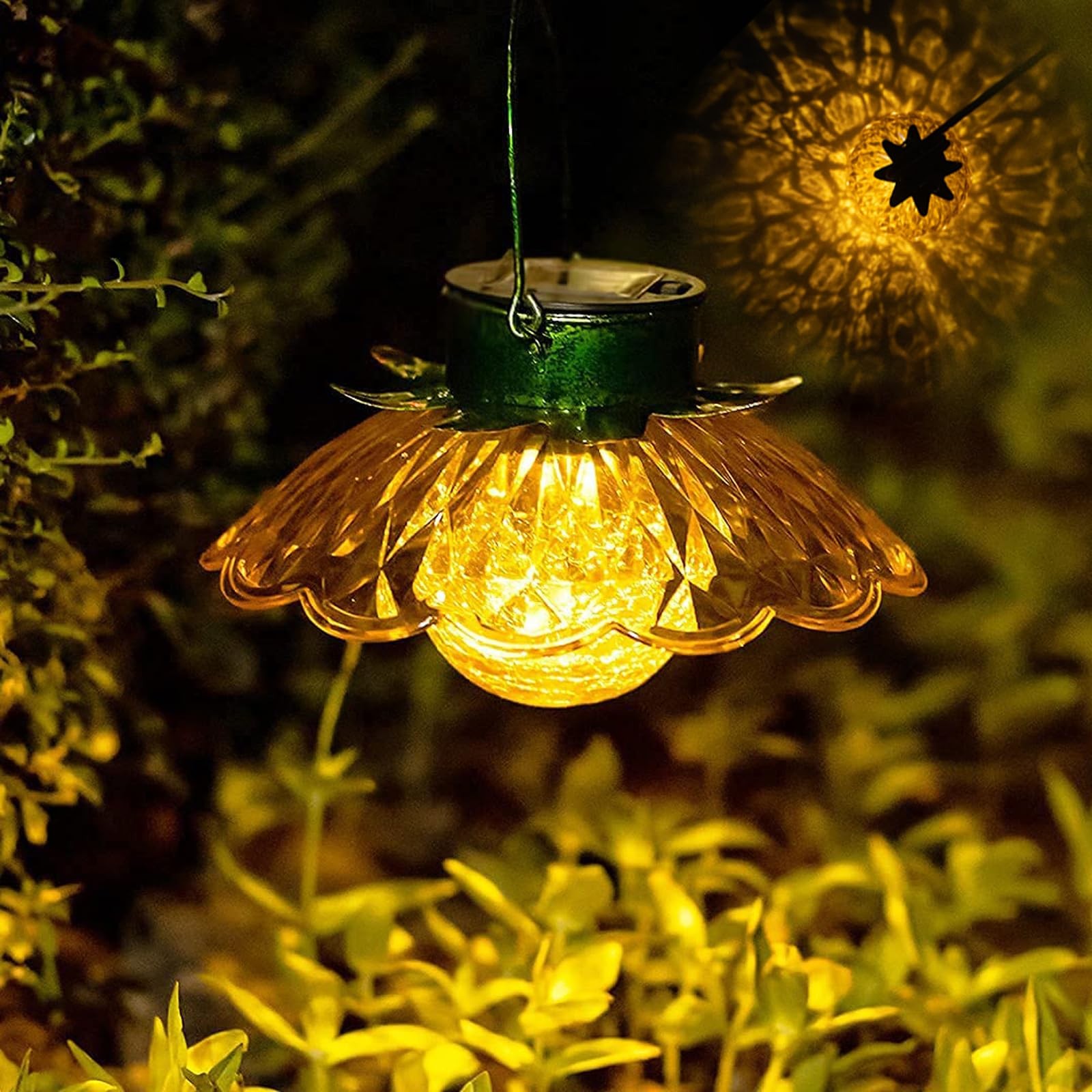 Hanging Solar Lantern Outdoor - Yellow Solar Flower Lights with Crackle Globe...