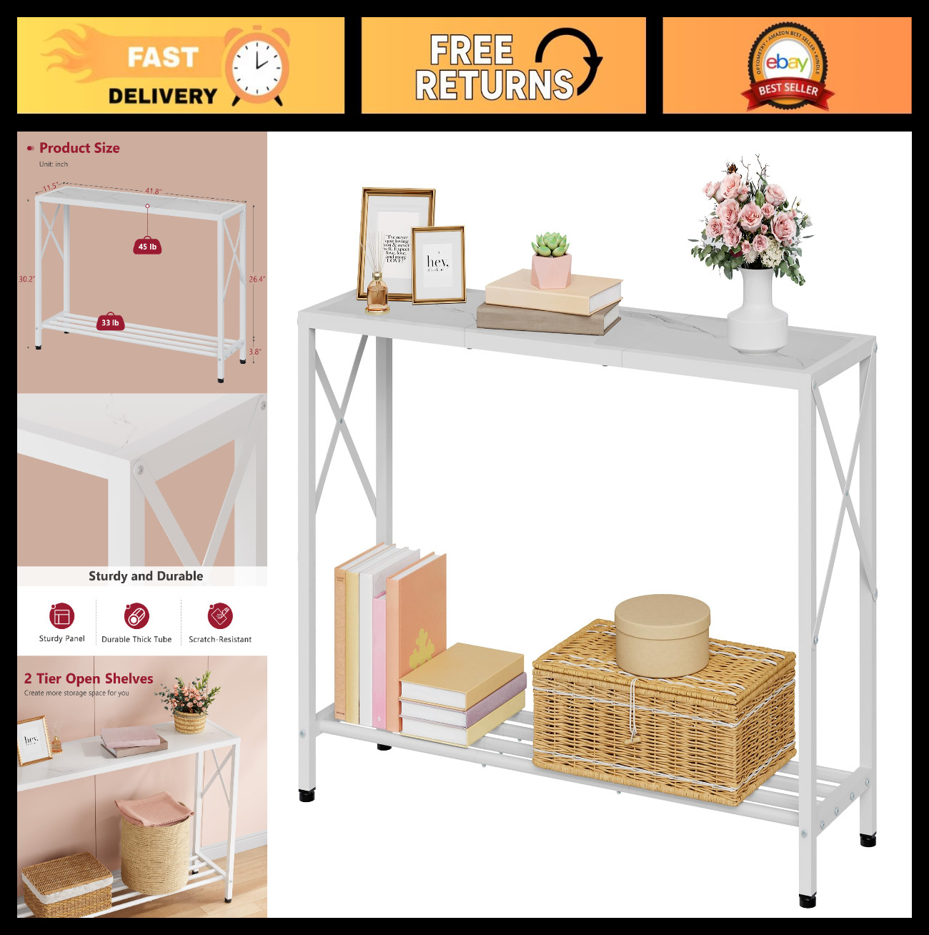 Narrow Console Table 41.8” - 2-Tier Entryway Sofa Table with X-Frame & Shelves,