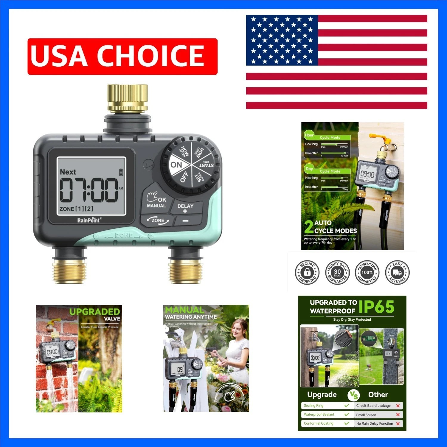 2 Zone Sprinkler Timer with Brass Inlet and Outlet - Water Timer for Garden H...
