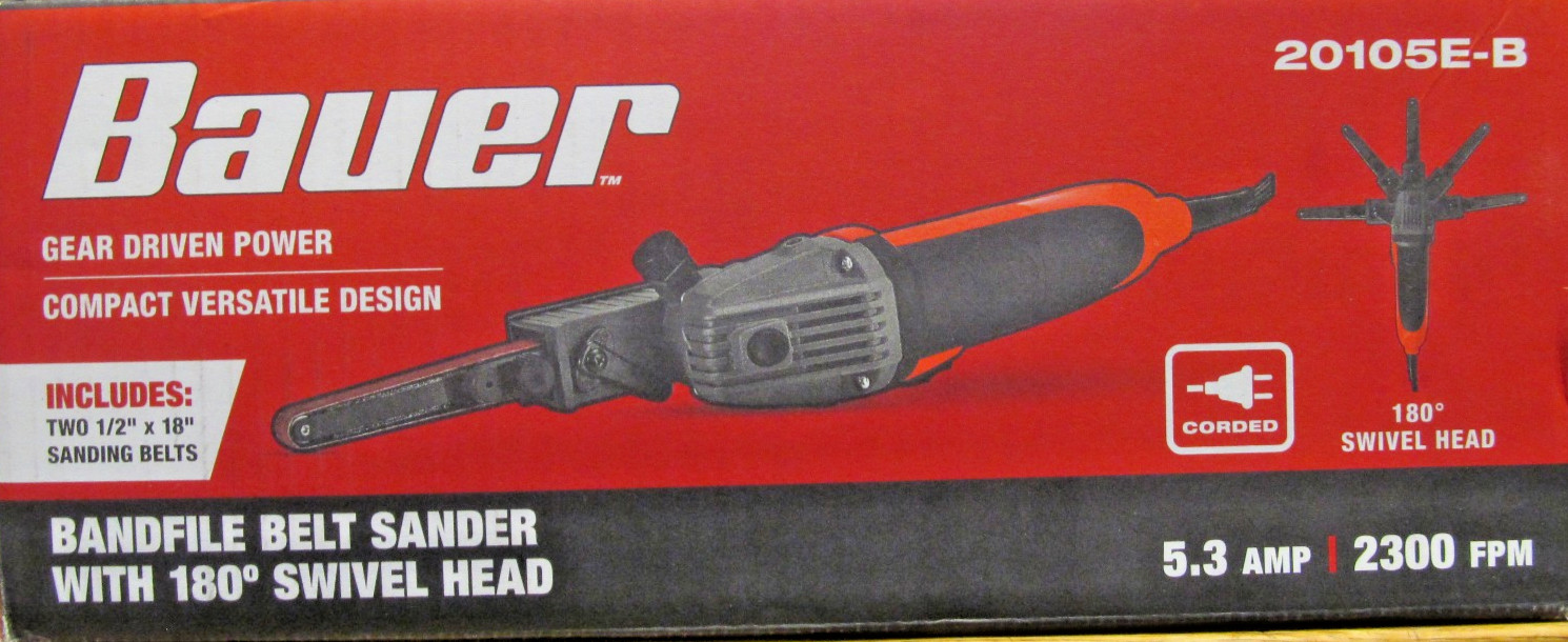 NEW BAUER CORDED BANDFILE BELT SANDER wSWIVEL HEAD 20105E-B 5.3 AMPS w2 BELTS
