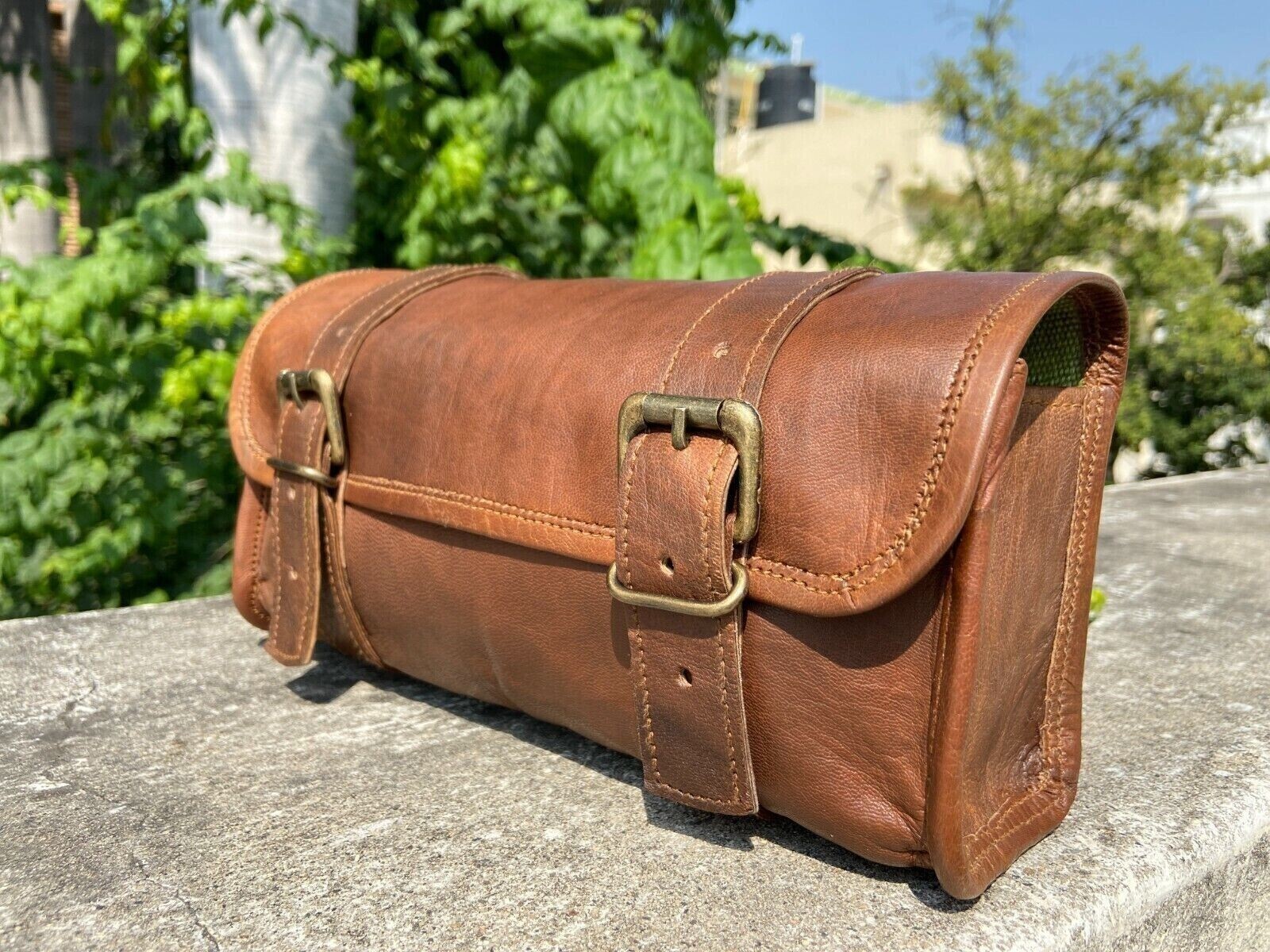 Genuine Goat Leather Motorcycle Tool Bag – Vintage Brown Fork Pouch with Buckle