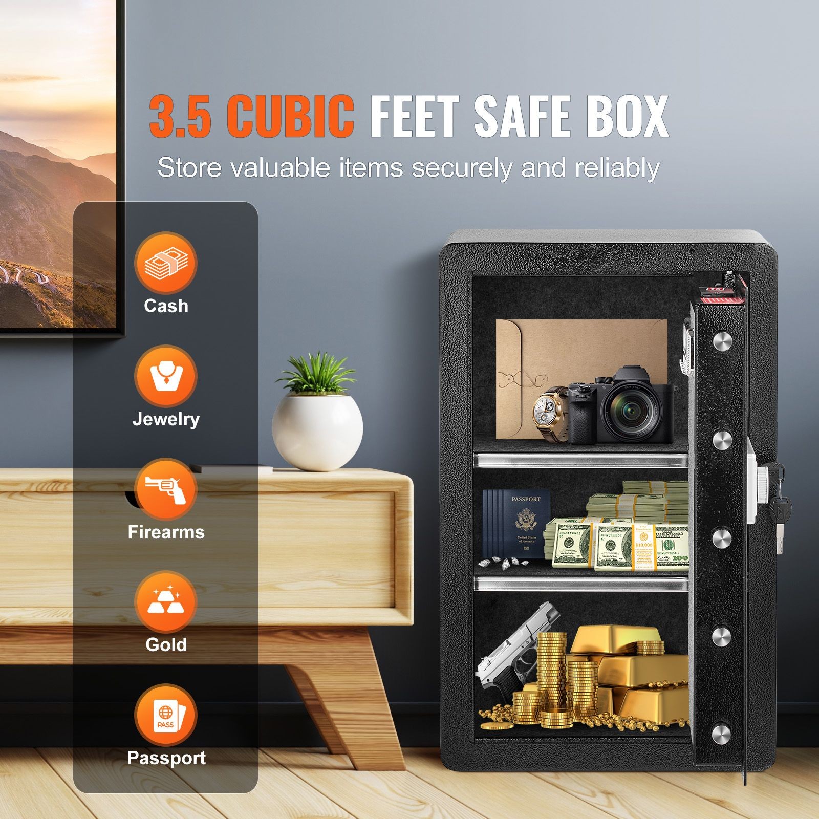 3.5 cu.ft Fireproof Safe Box with Key Lock, Password & LED Light