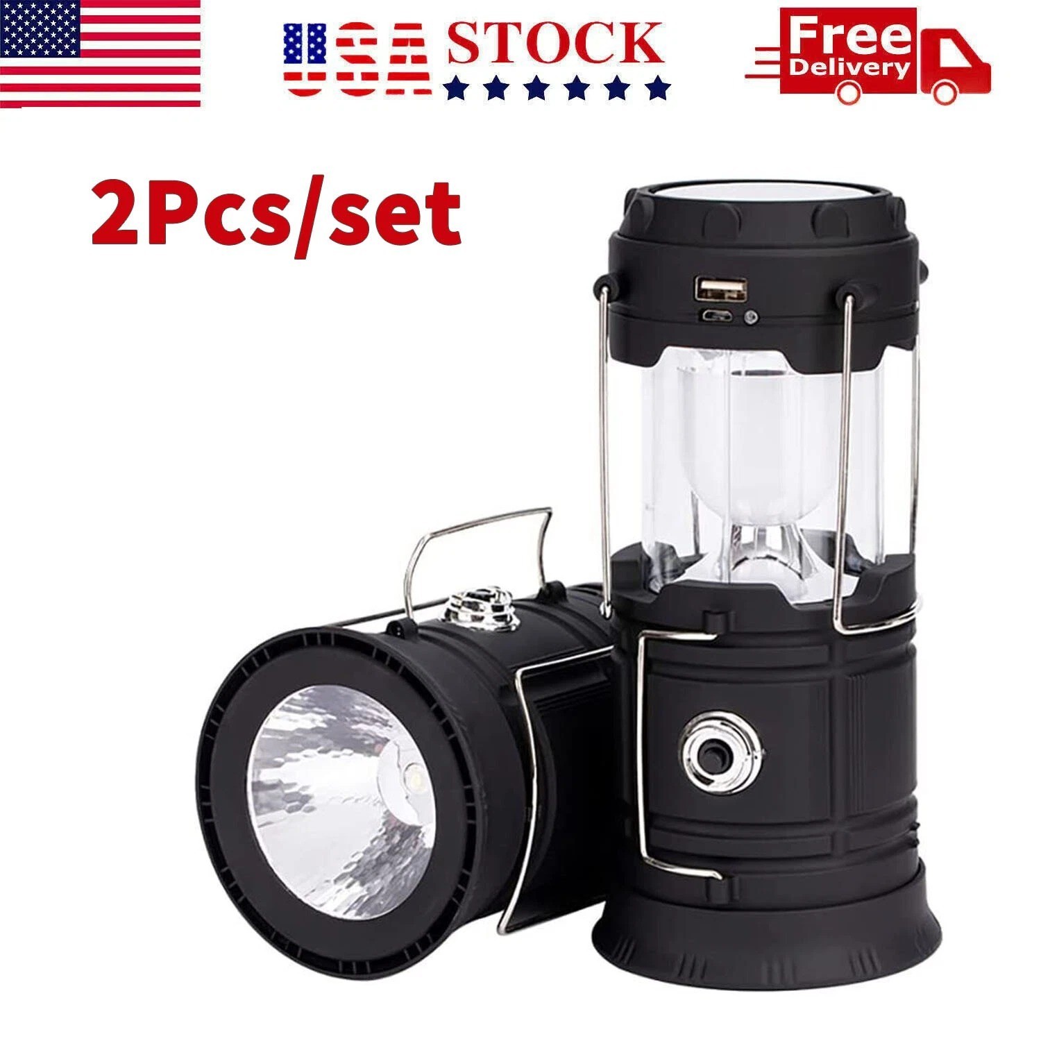 2x Solar Camping Lantern Flashlight Lamp Portable Rechargeable LED USB Power