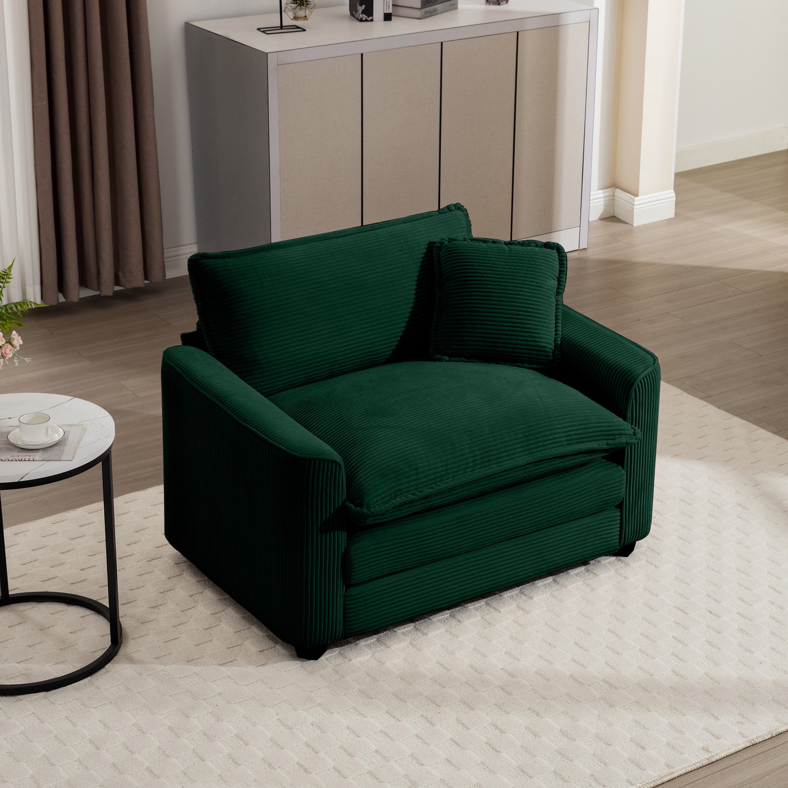 Green Corduroy Fabric, Comfortable Single Chair Deep Seat Sofa With One Pillow