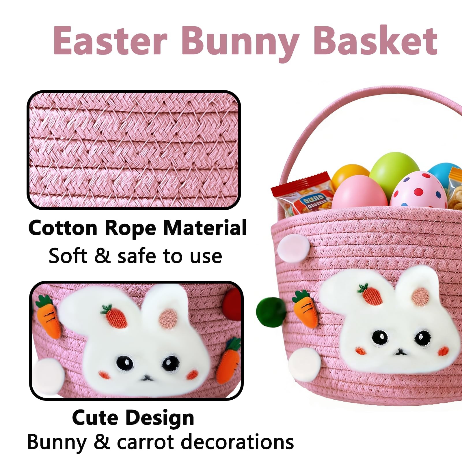 Easter Bunny Baskets for , Baby Easter Empty Egg Basket with Handle, Woven Ro...