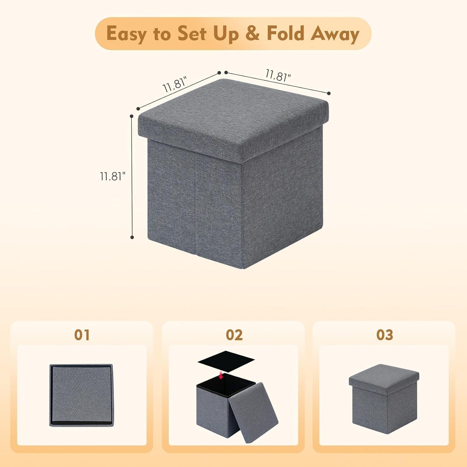 Compact Multi-Purpose Grey Ottoman Cube - Linen Footrest for Living Spaces 11.8"