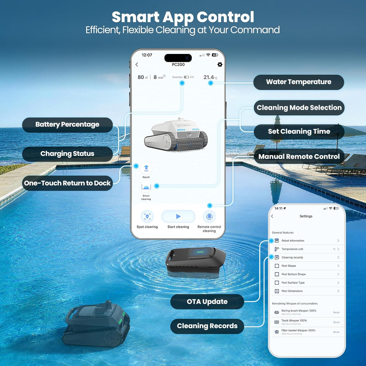 Automatic Robotic Pool Vacuum Cleaner with Skimmer, Smart Navigation, Pool Clean