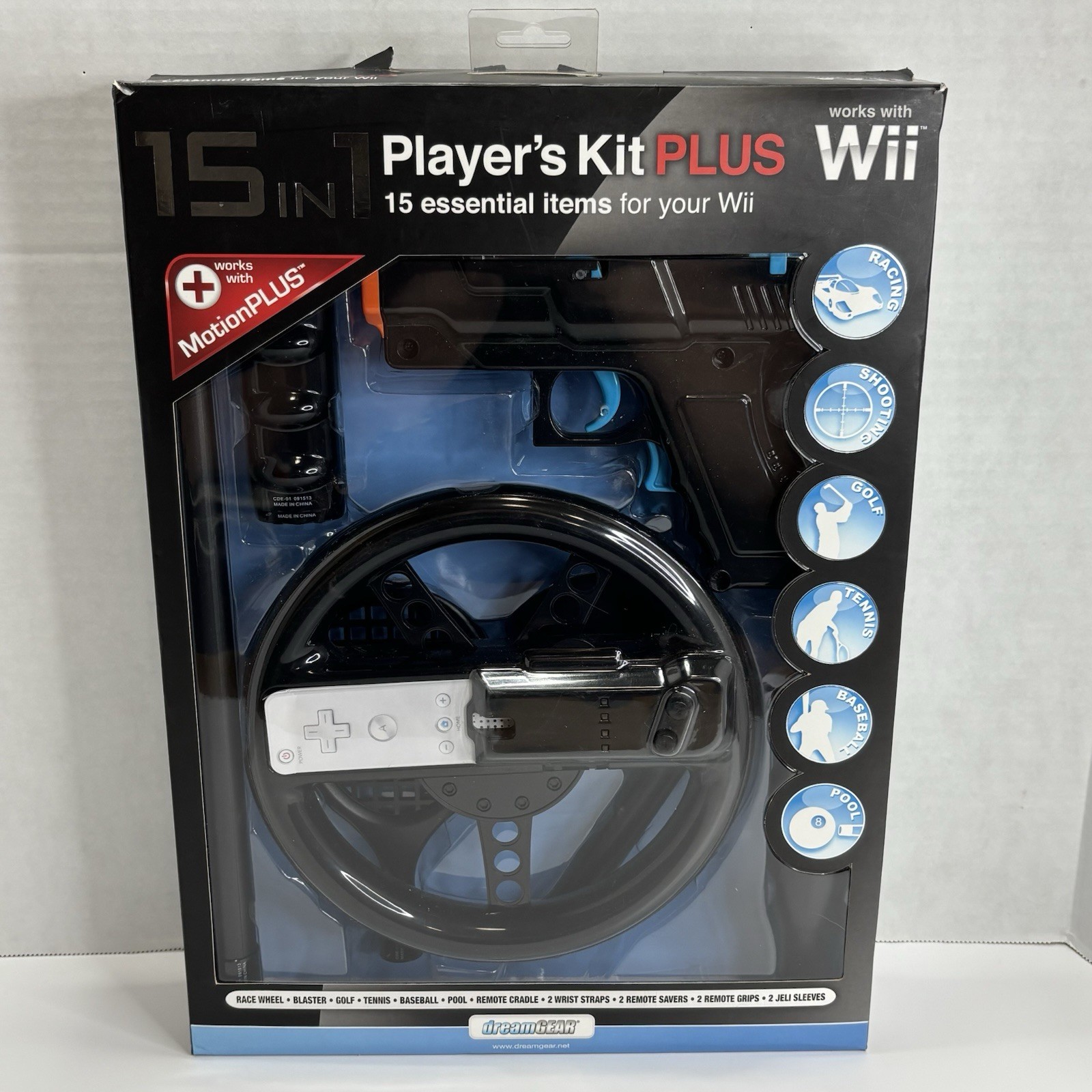 Nintendo Wii Action Pack Sports Kit 15 Pieces Race Wheel Tennis Golf dreamGEAR
