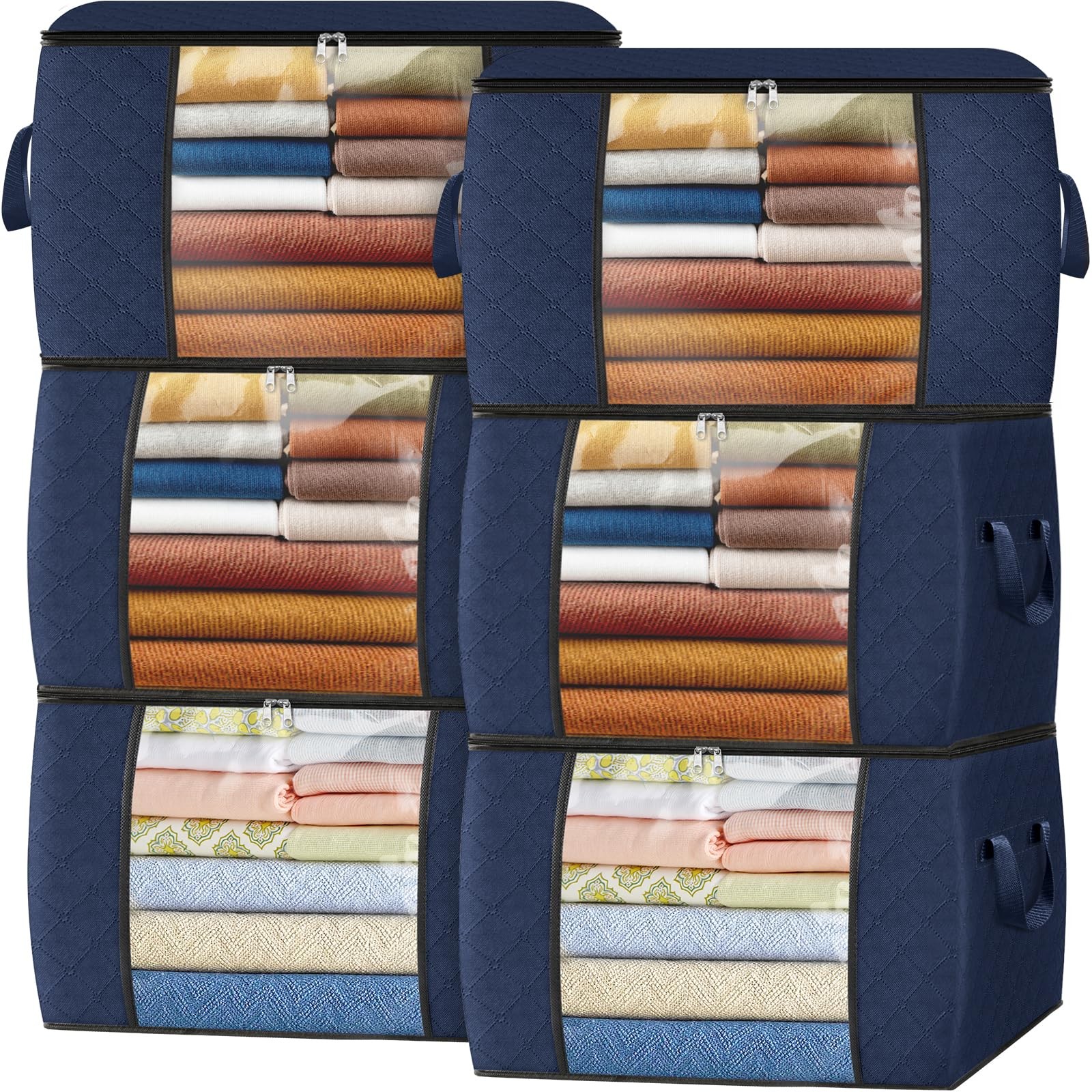 24 Gallon Clothes Storage Foldable Thick Fabric Blanket Bags Blue 6 PCS
