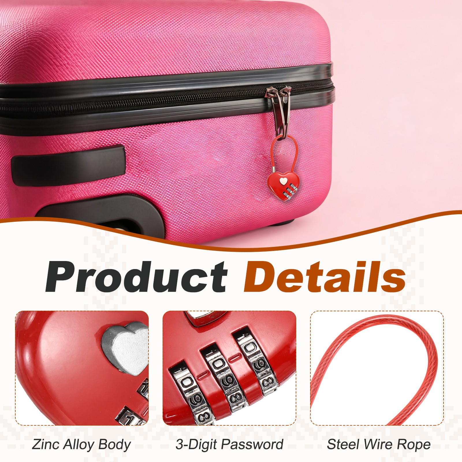 Combination Padlock (4.3 Inch, Red), 3-Digit Heart Shaped Combo Padlock