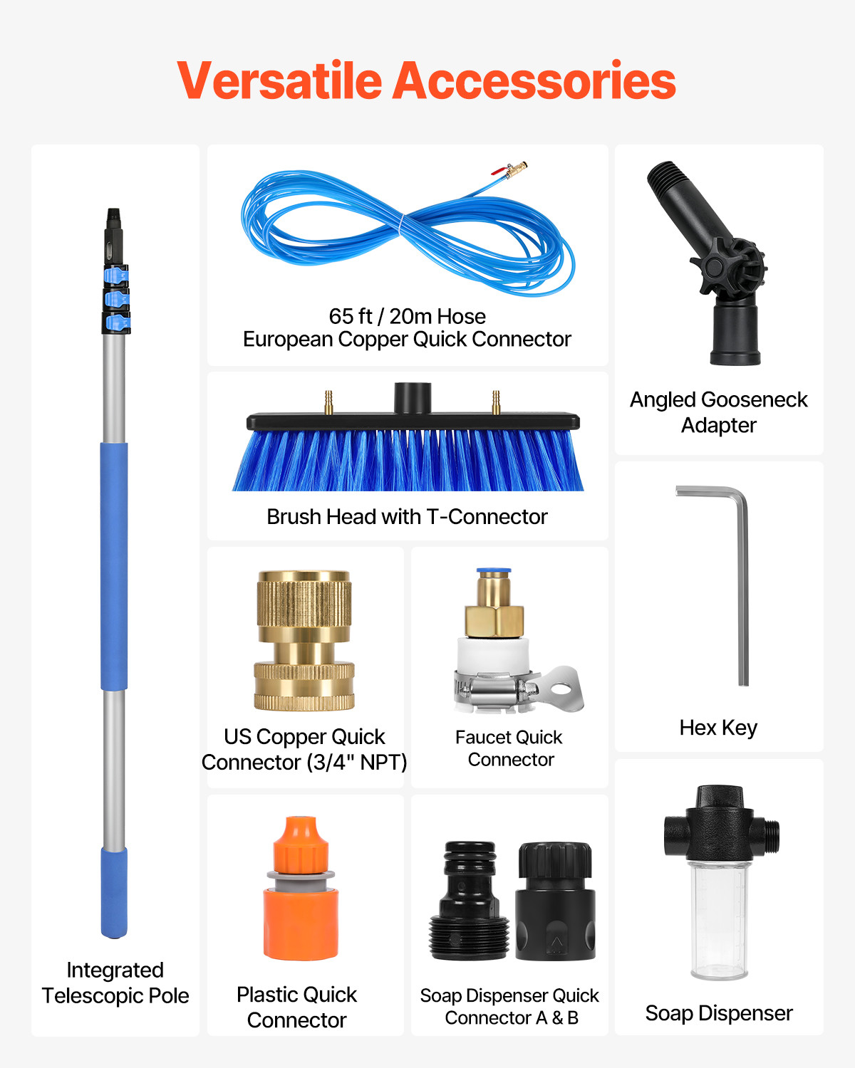 Water Fed Pole Kit 12FT Solar Panel Cleaning Pole 180° Rotatable Brush Head
