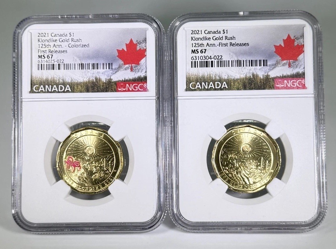 2021 $1 CANADA NGC MS67 KLONDIKE GOLD RUSH LOON LOONIE DOLLAR MATCHED 2-COIN SET
