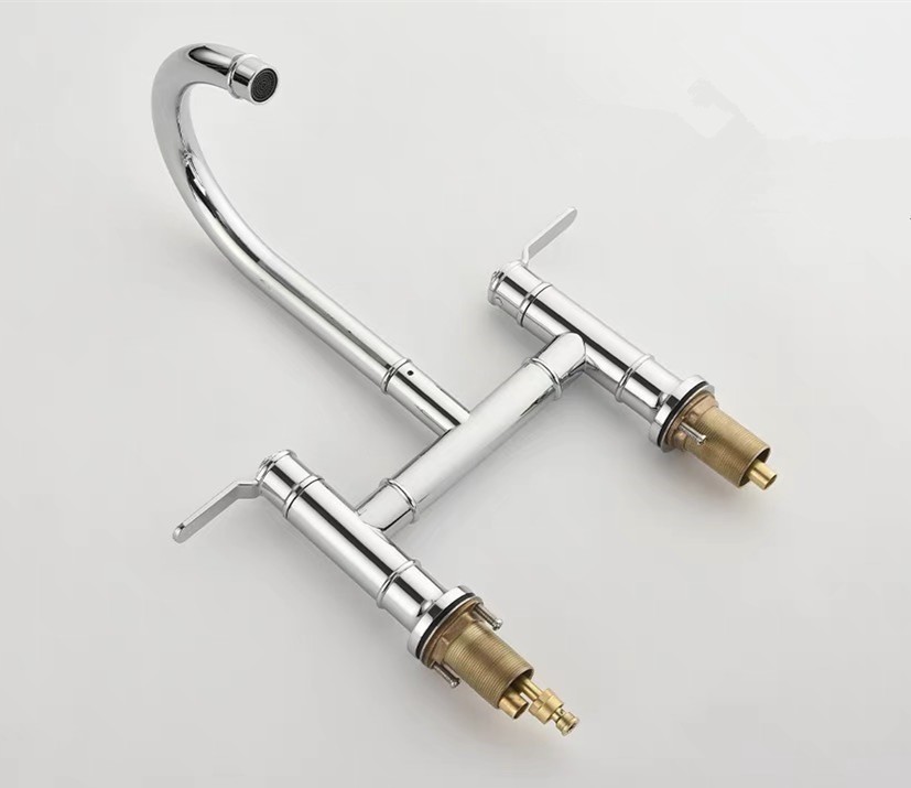 Brass Chrome Kitchen Faucet Double Handles Sink Mixer Tap Two Holes Deck Mounted