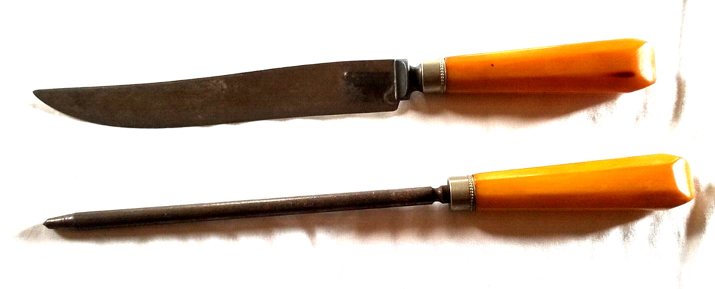 Vintage Butterscotch Yellow Bakelite 2 piece Meat Knife & Sharpener Stainless
