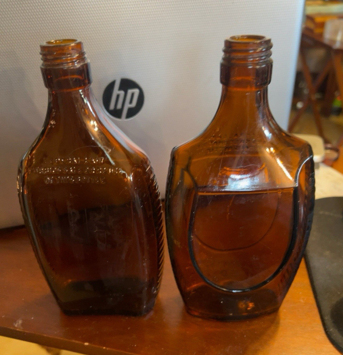 Lot of 2 Amber Brown Glass Liquor Bottles Embossed Base Patent Markings
