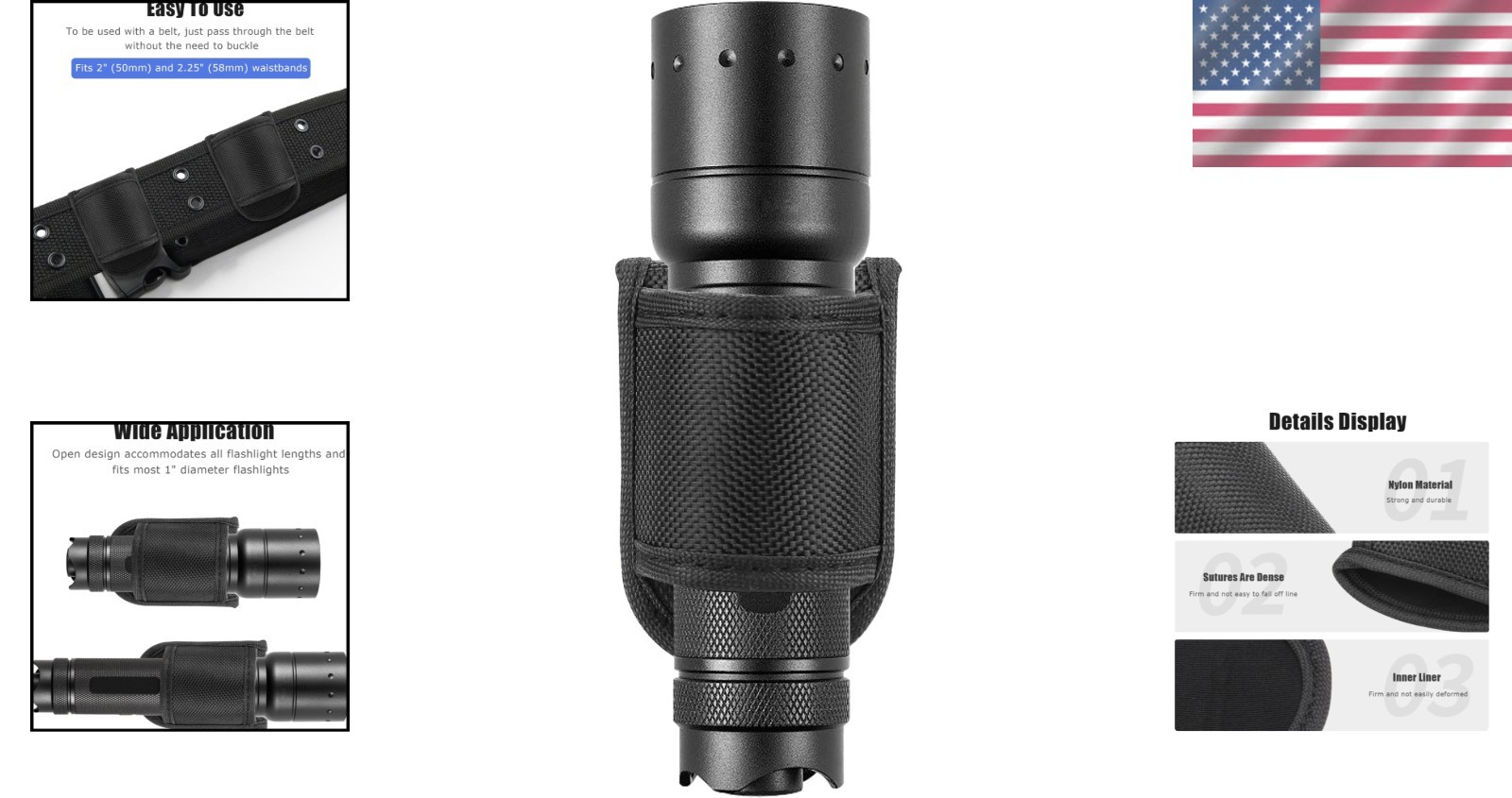Flashlight Holster for Duty Belt, Open Top D Cell Compact Light Holder Case, Nyl