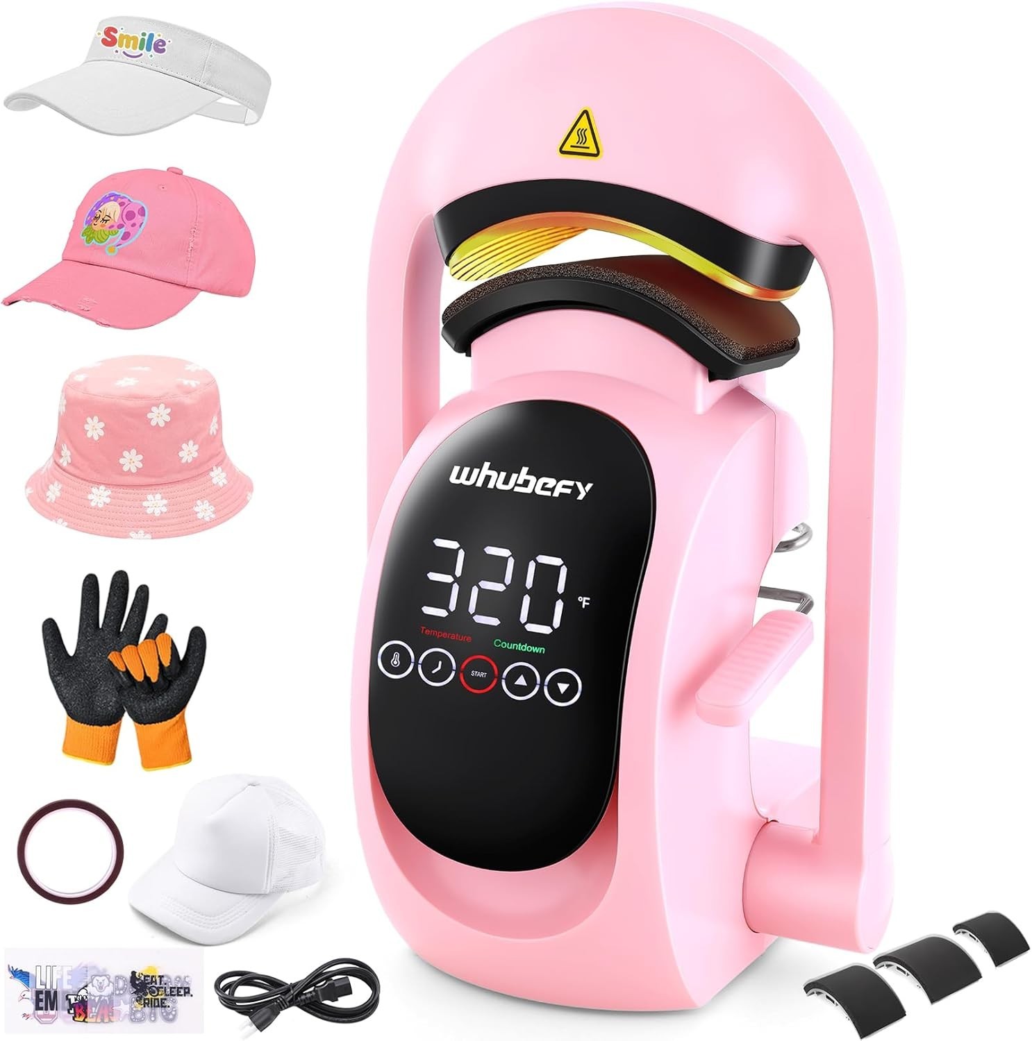 3-in-1 Automatic Hat Press Heat Machine for Caps w/3 Platens, Blank Cap, Gloves