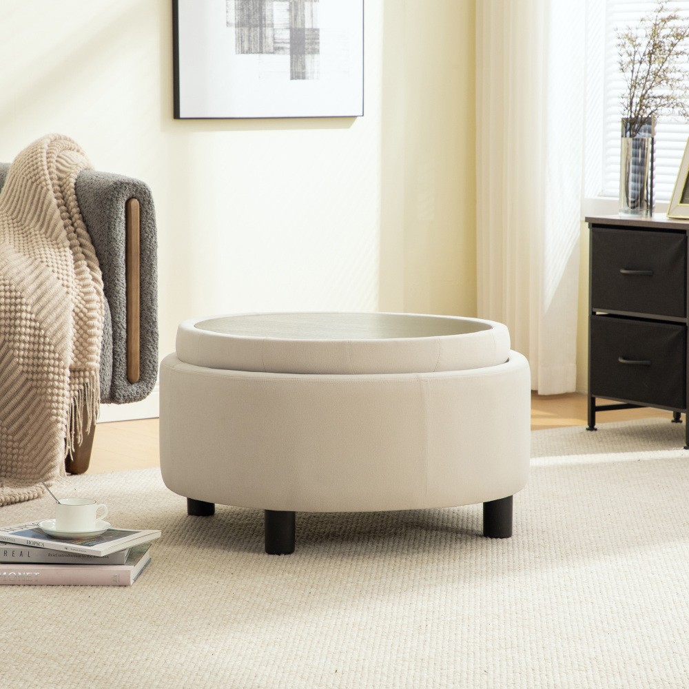 29.33inUpholstered Round Ottoman With Reversible Lid Fleece Fabric Storage Stool