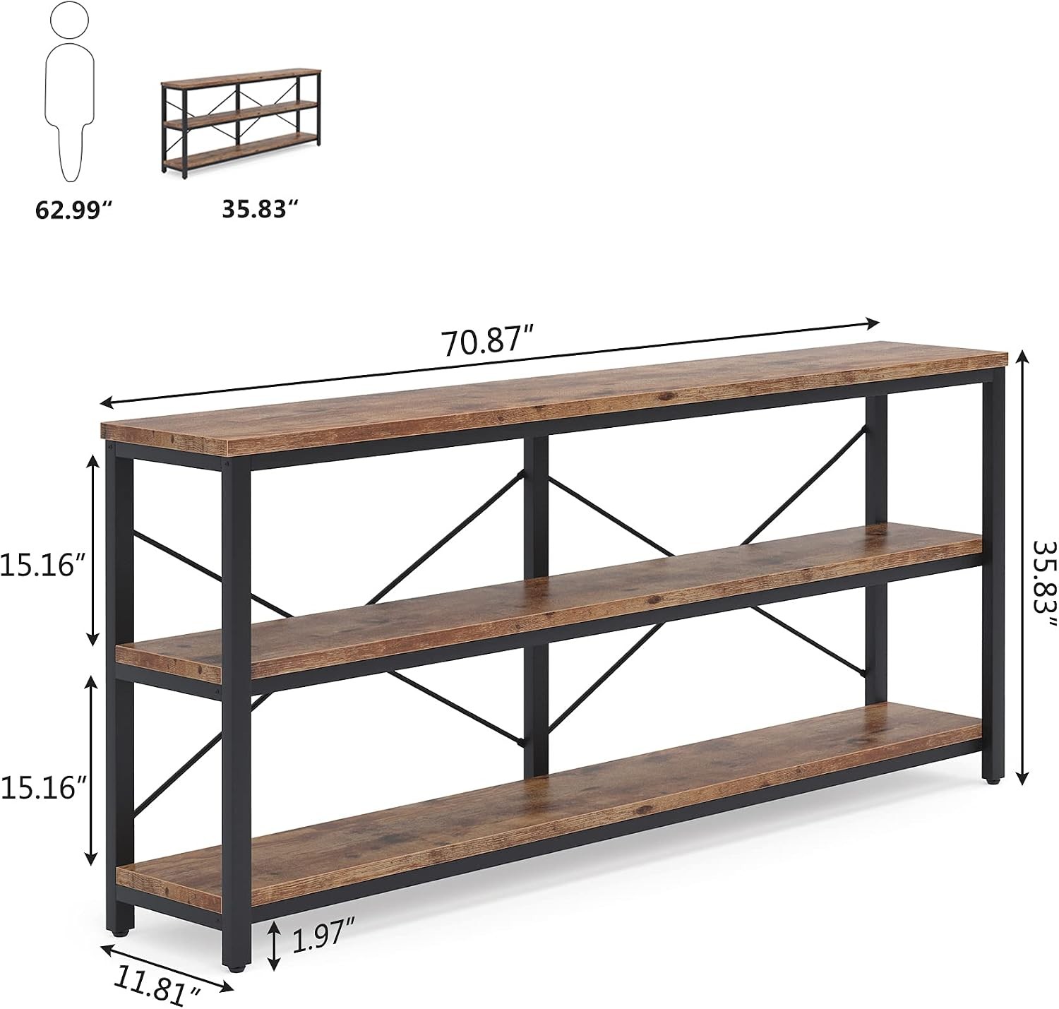 70.9" Extra Long Console Table, 3-Tier Industrial Sofa Table with Metal Frame