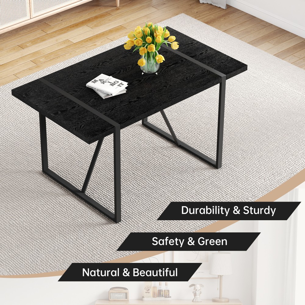 Black Wood Grain Rectangular Dining Table Set w/ 4 PU Chairs Modern