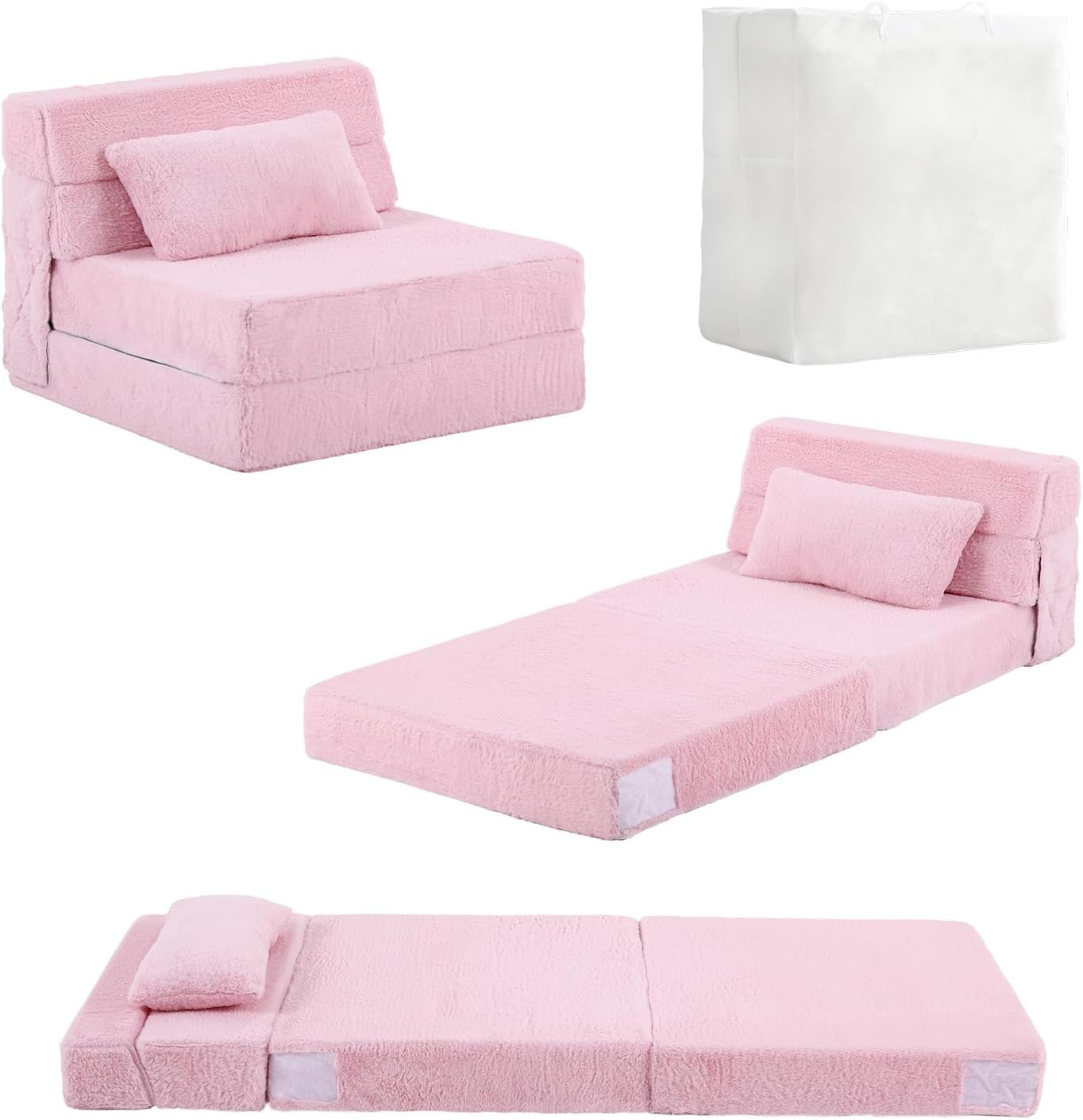 Kids Folding Sofa Bed with Pillow, Plush Quad-Fold Lounger, Pink