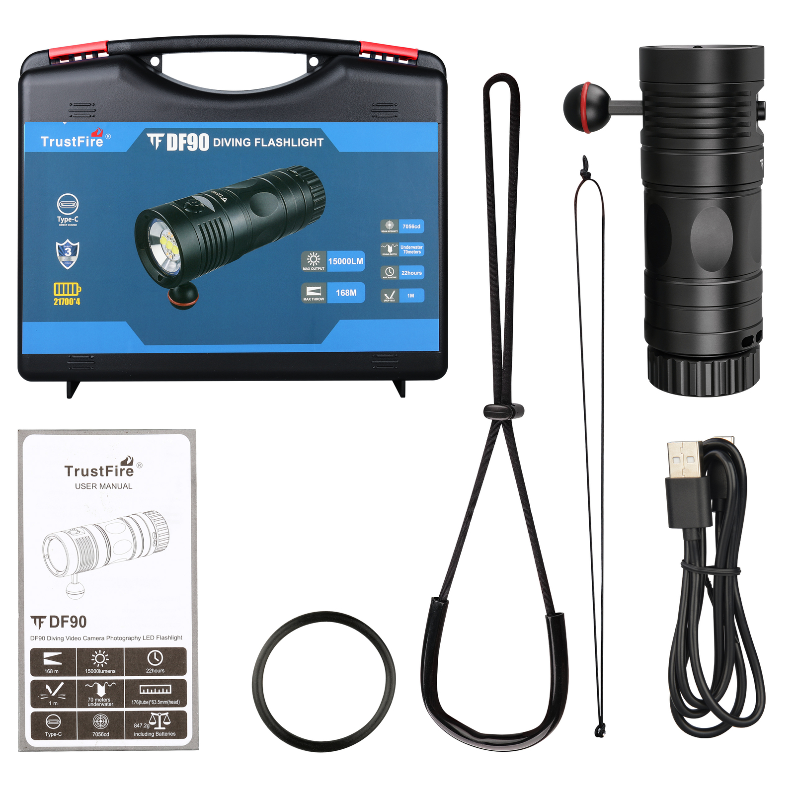 TustFire DF90 Kit 15000Lumen Brightest LED Diving Light Waterproof Flashlight