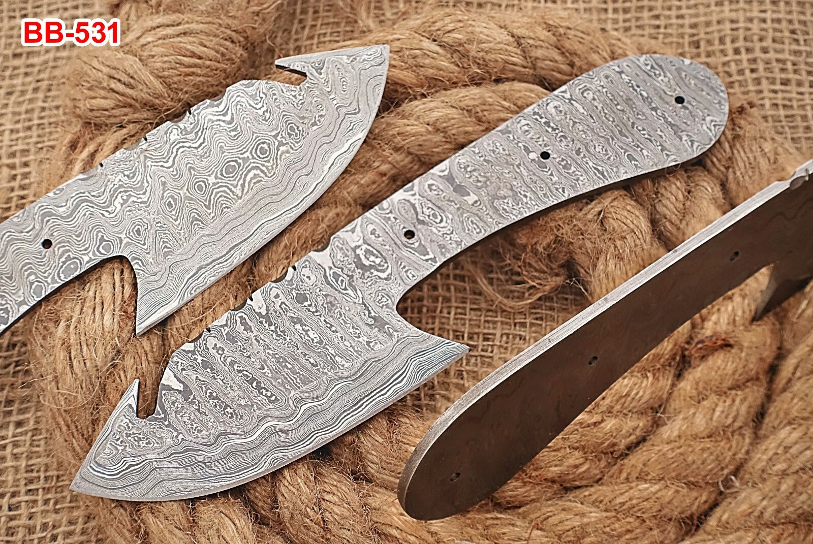 8" long rain drop pattern Damascus steel gut hook skinning blank blade, 5mm