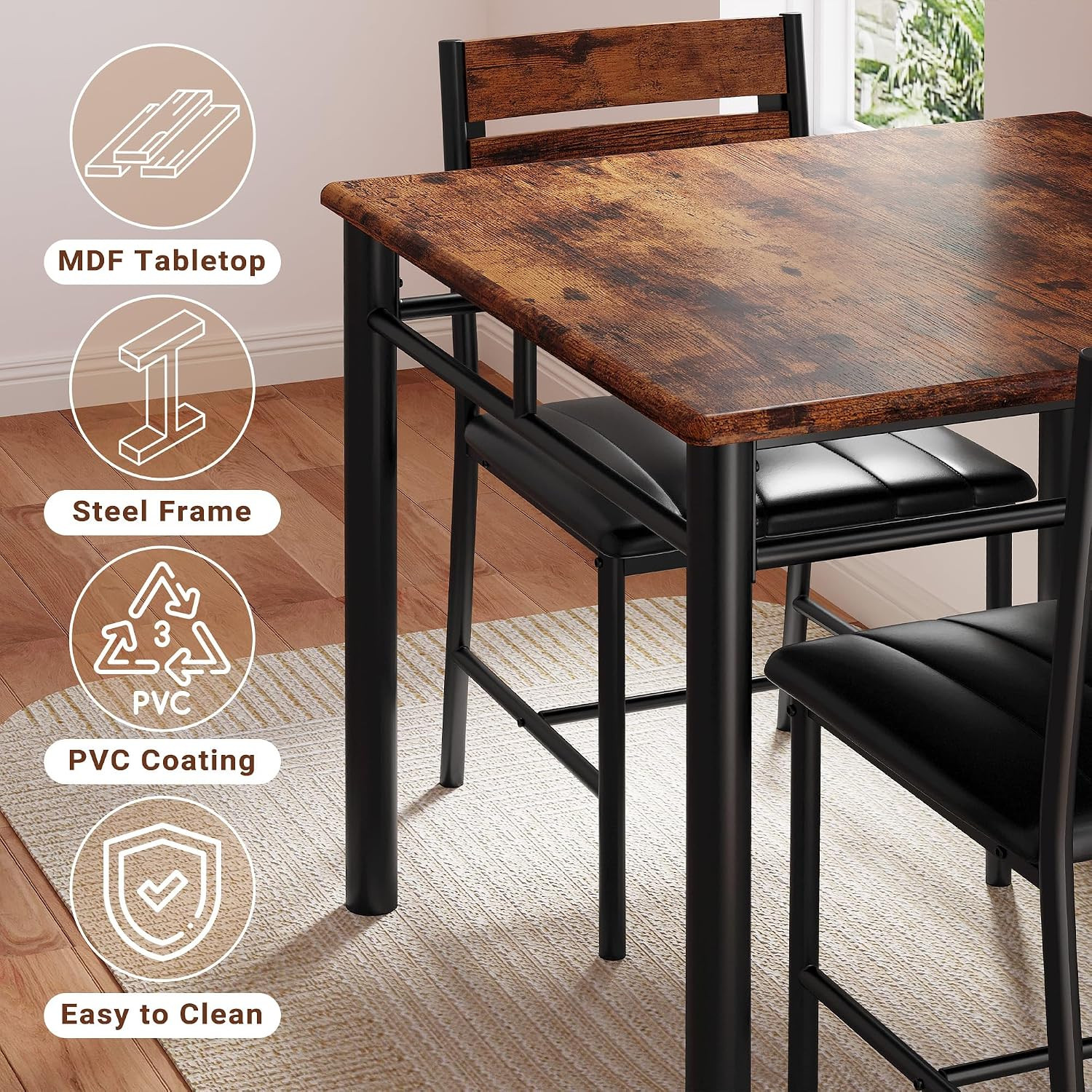 IRONCK Dining Table Set for 2, Small Kitchen Table with Upholstered Chairs Dinni
