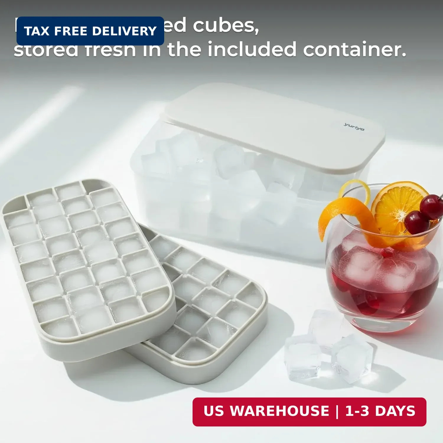 Ice Cube Tray Set with Lid & Bin, 2 Silicone Trays (32-Cube Each, 64 Total), Eas