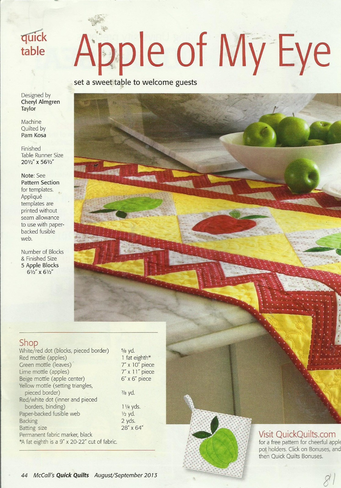 D0142  APPLE OF MY EYE RUNNER QUILT PATTERN/INSTRUCTIONS