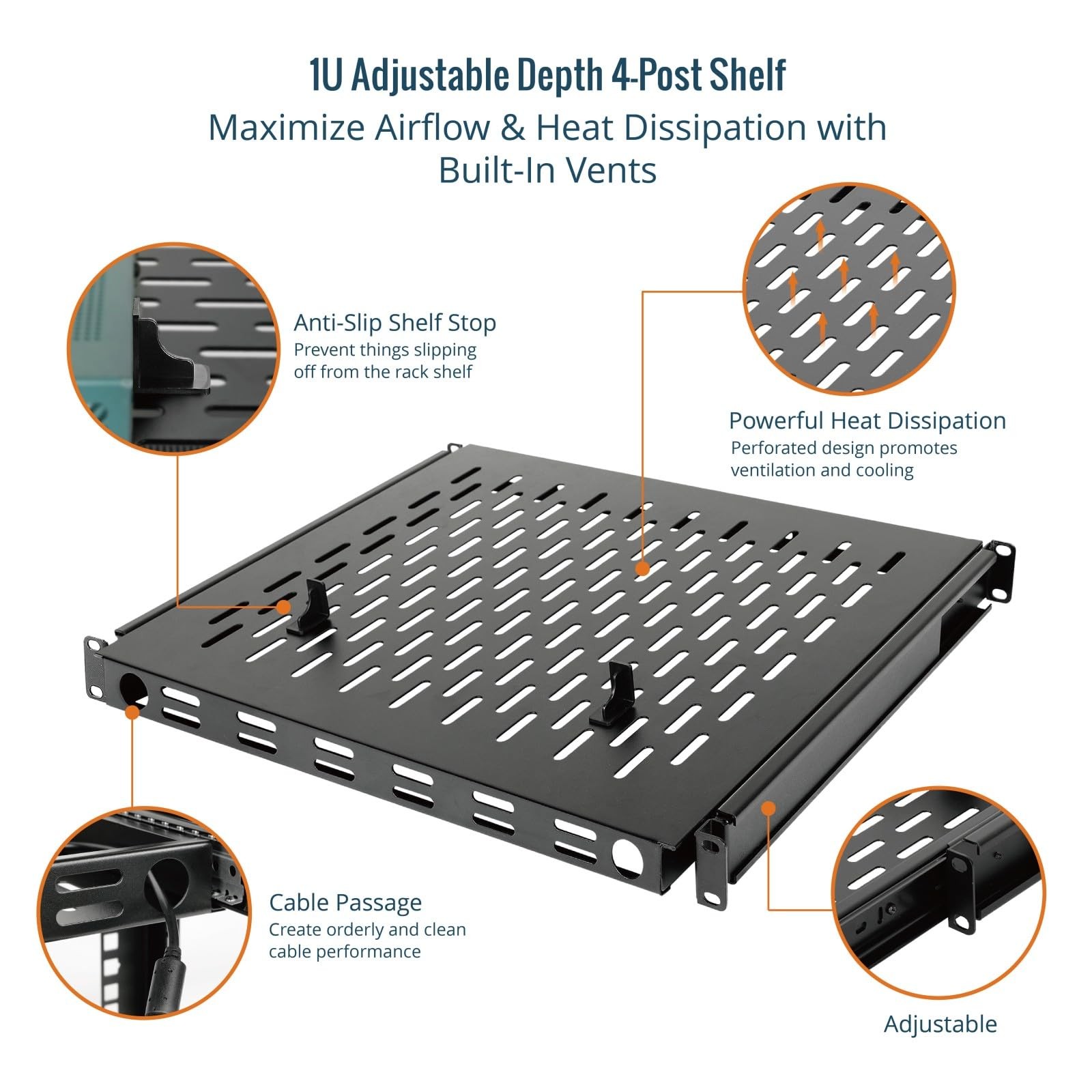 Tecmojo 1U Sliding Rack Shelf,4-Post Vented Rack Mount Shelf,13.8in Deep with
