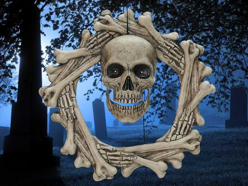 Bone Wreath Animated Halloween Decoration Skull Skeleton Bones Hanging Haunted