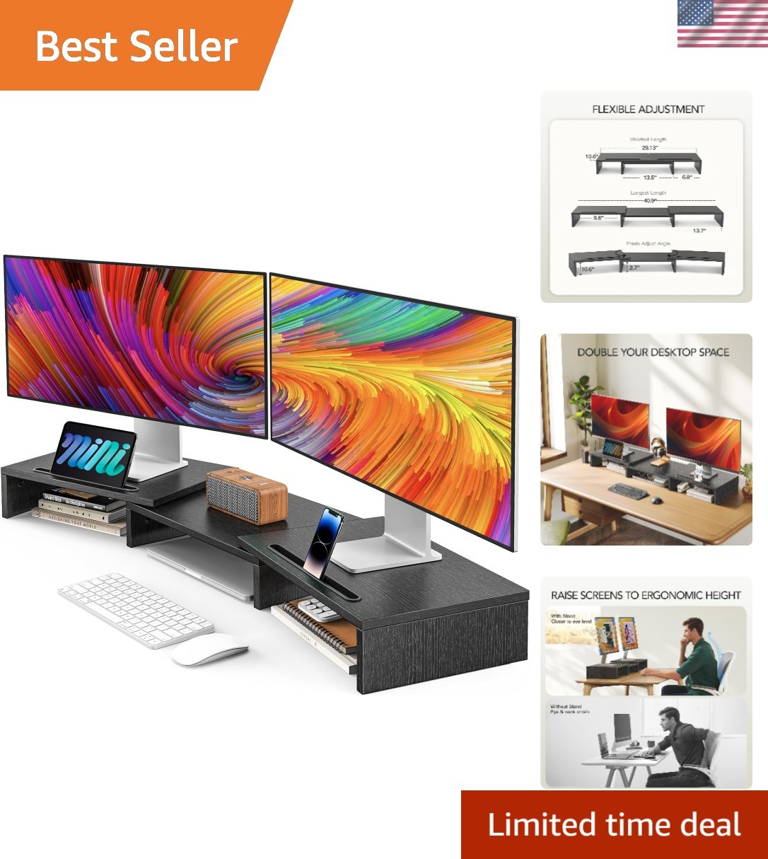Dual Monitor Stand Riser for 2 Monitors, Monitor Stand for Desk, Adjustable C...