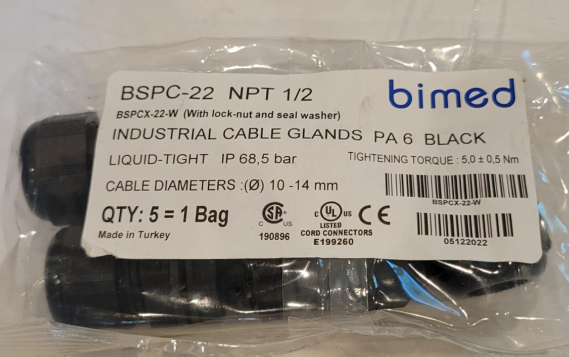 New 5 Pack - Bimed BSPC-22 Polyamide Cable Gland 1/2" NPT 10-14mm 0.394-0.551"