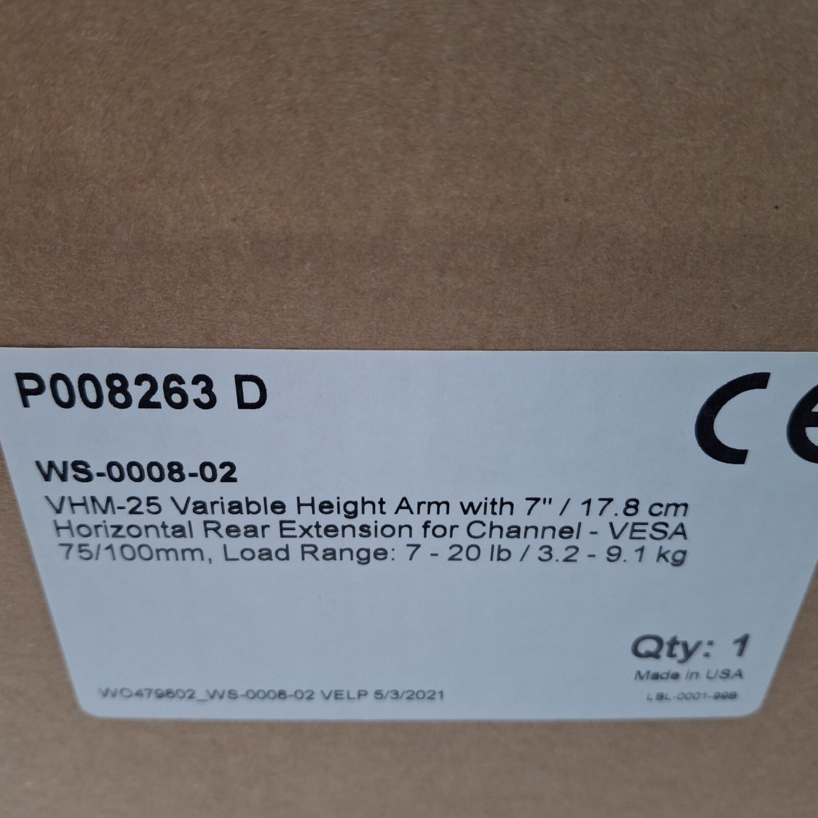 GCX WS-0008-02 VHM-25 Variable Height Arm with 7" Horizontal Extension